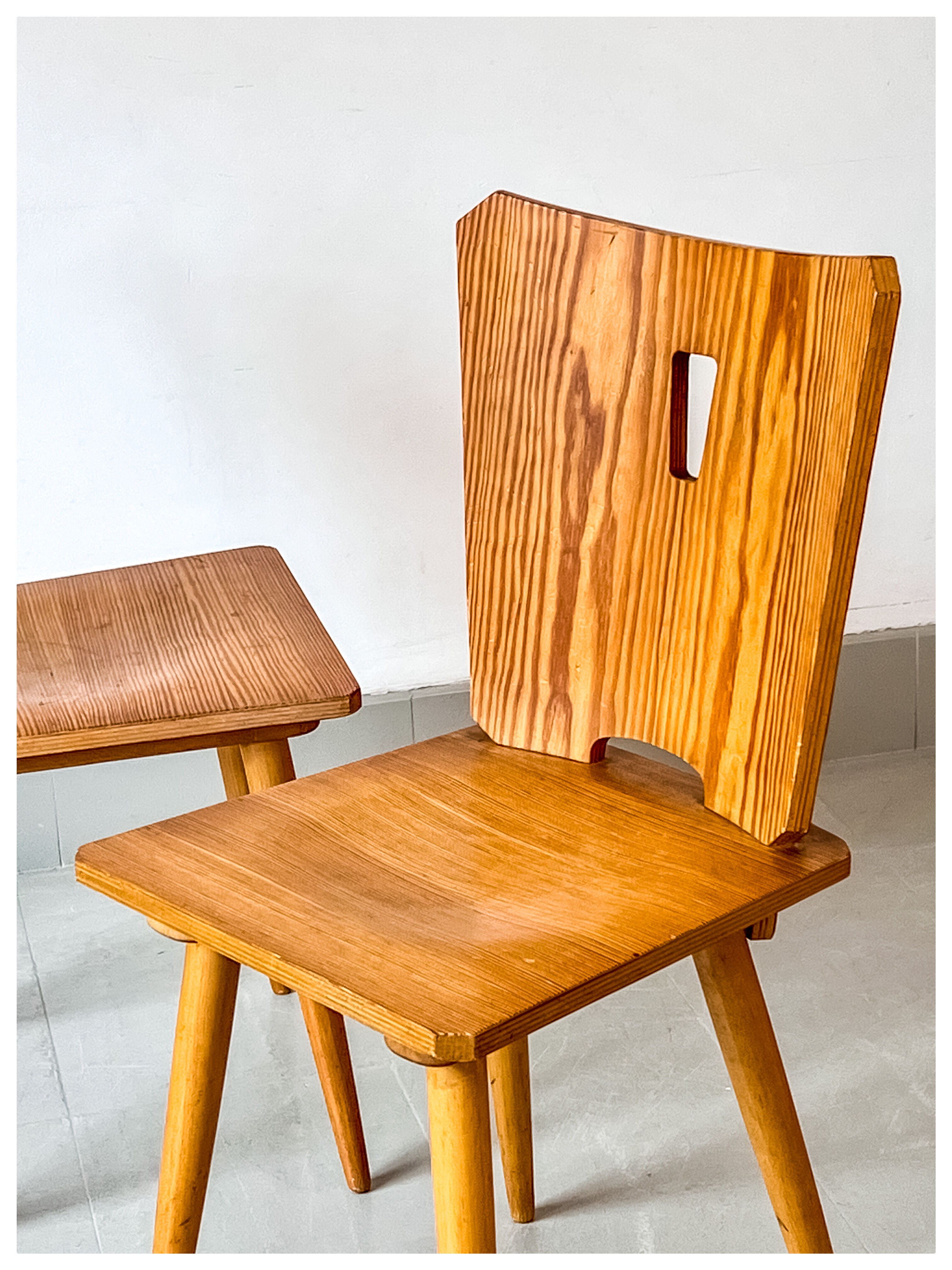 Vintage brutalist pine chairs