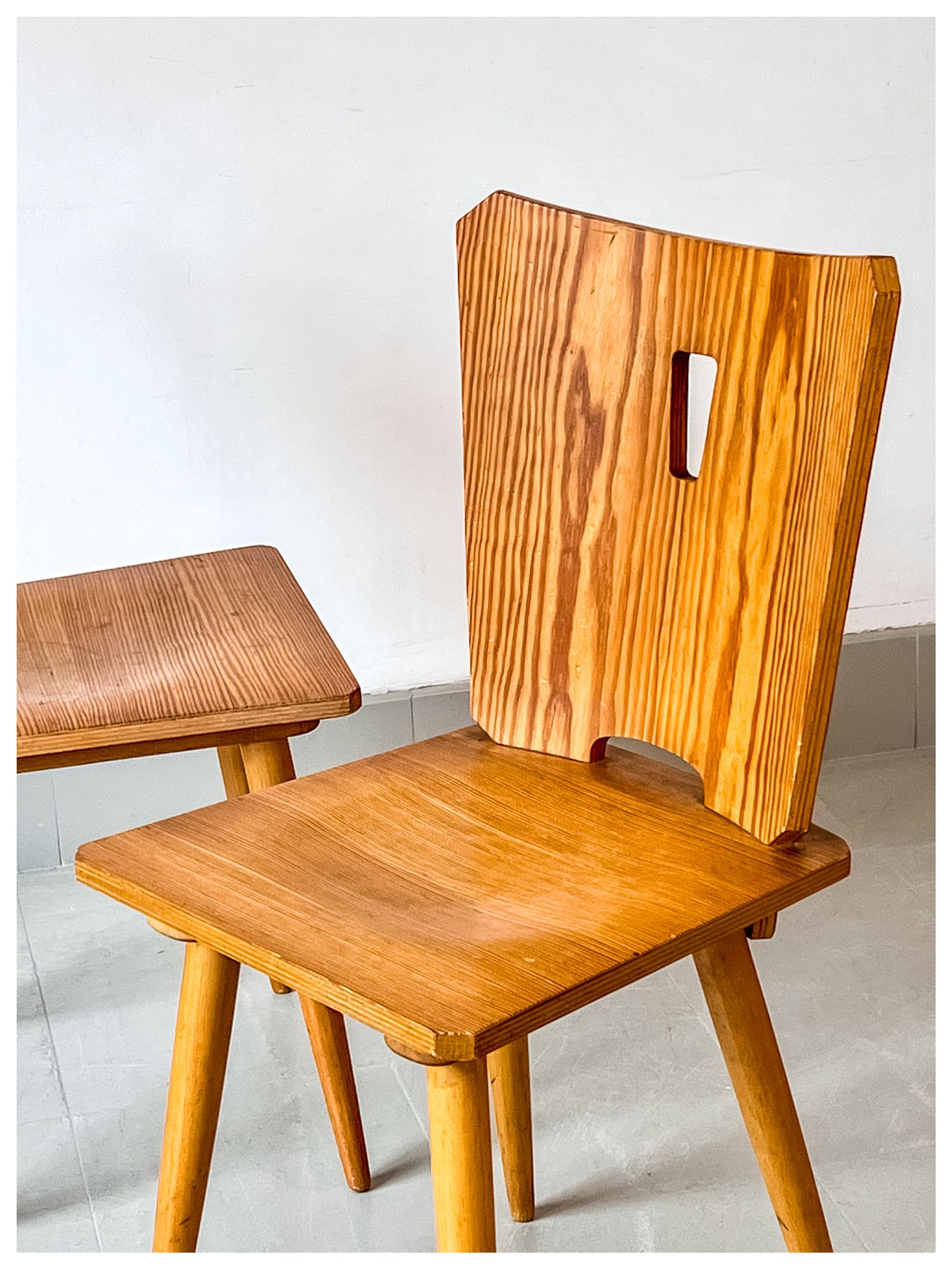 Vintage brutalist pine chairs