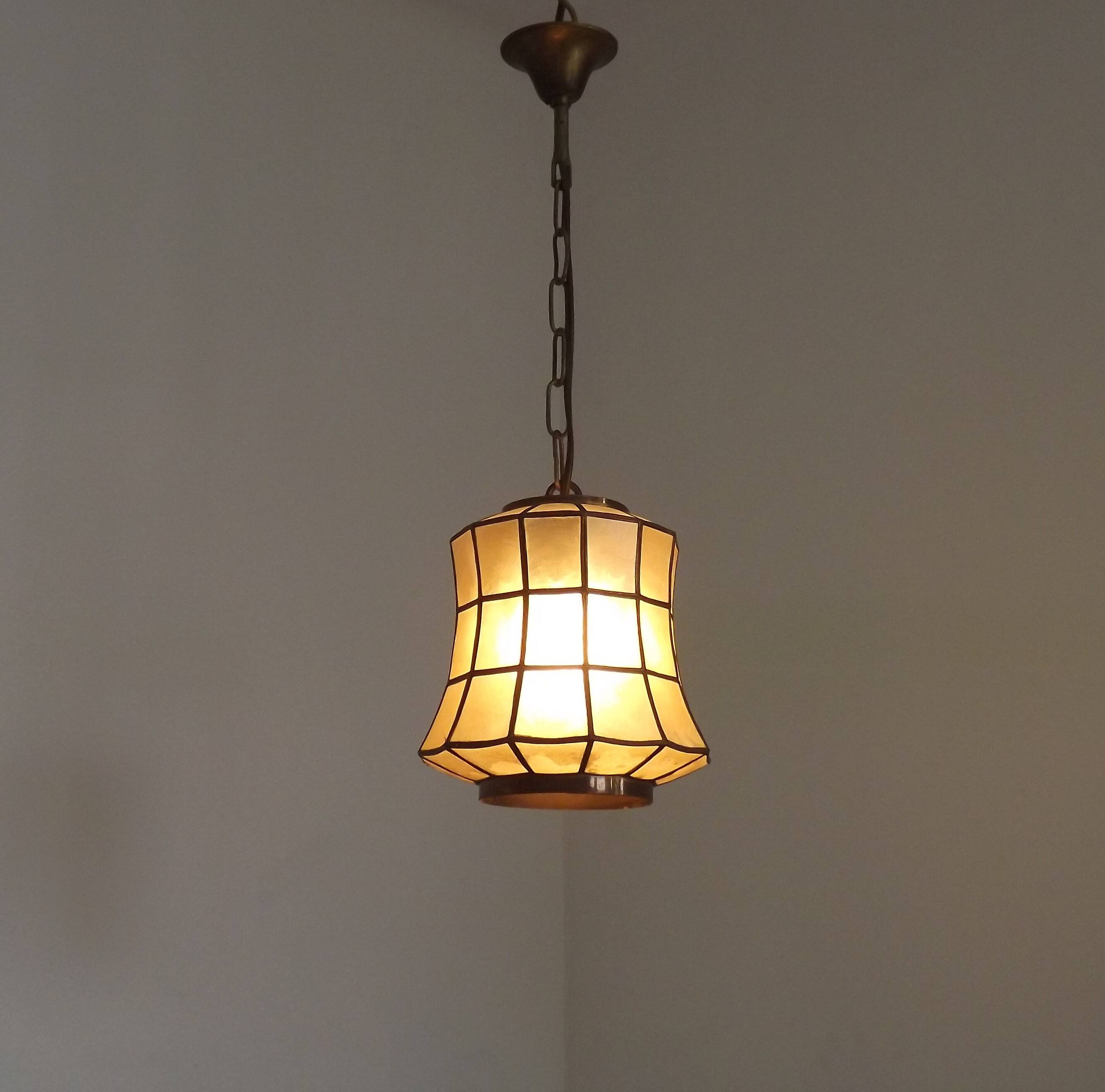 French Vintage Capiz Shell Hanging Pendant Light in Brass Metal and Copper