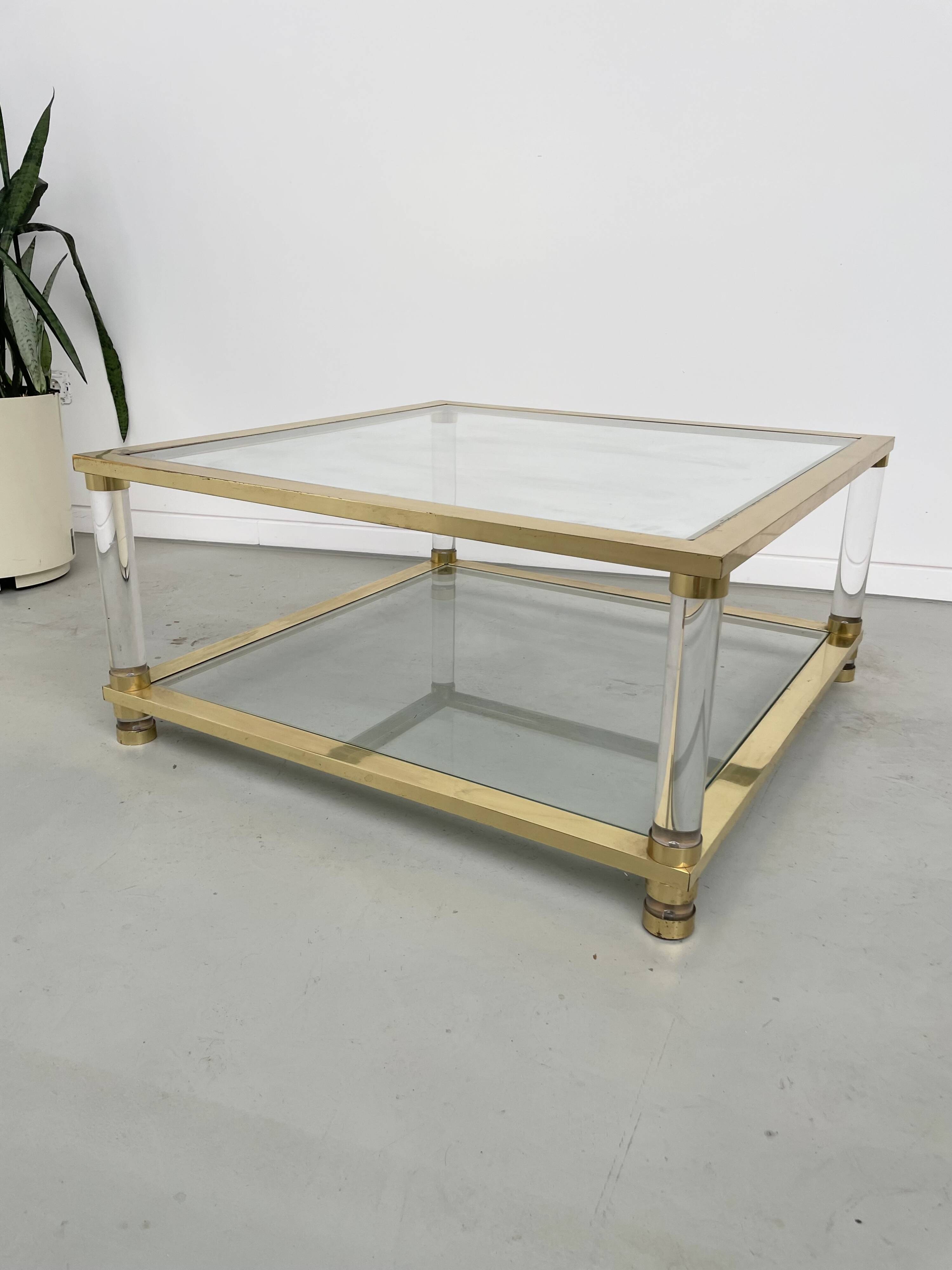 1970s lucite, brass and glass coffee table