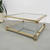 Table basse lucite, laiton et verre années 70
