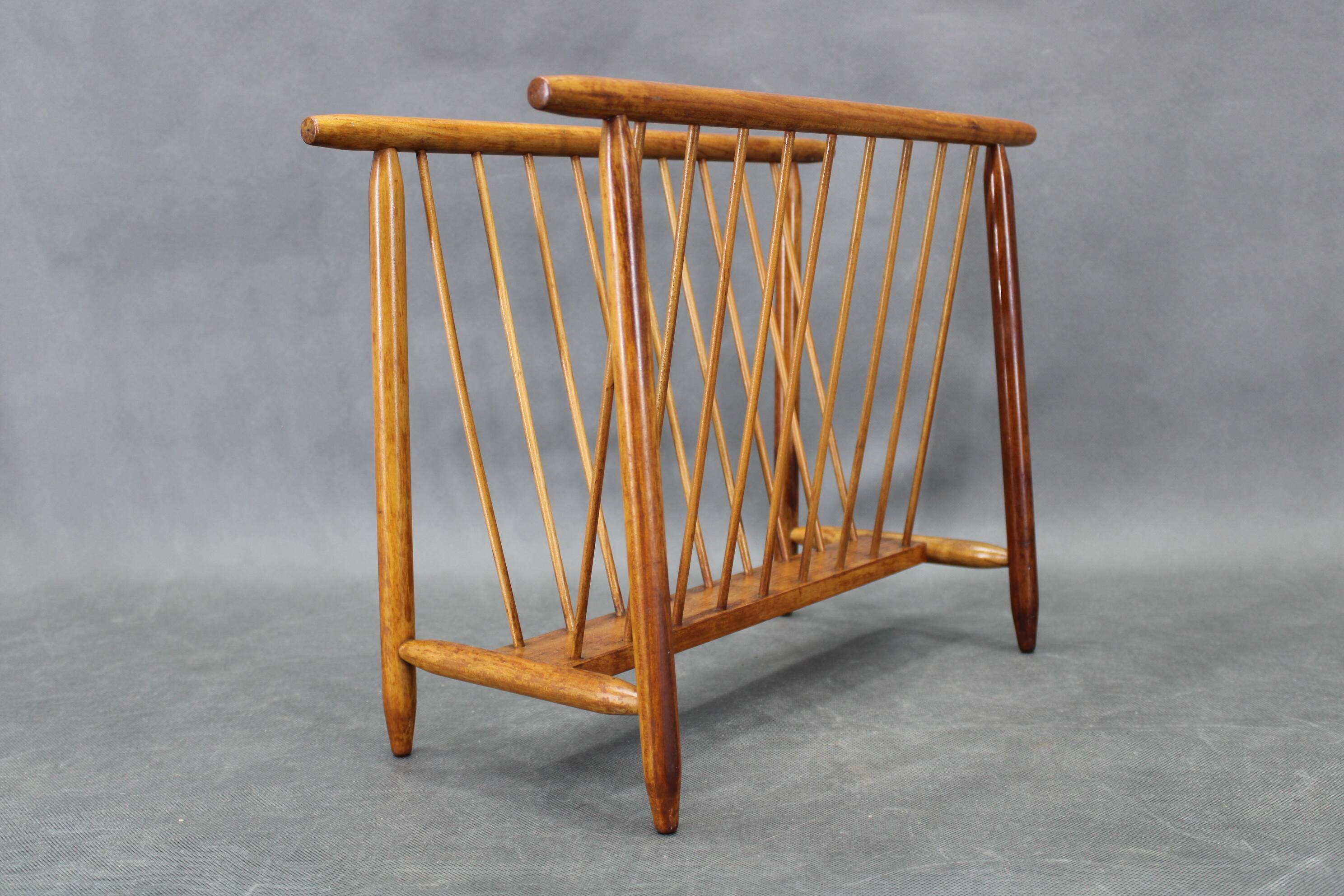 1960s uluv solid beech magazine stand, czechoslovakia