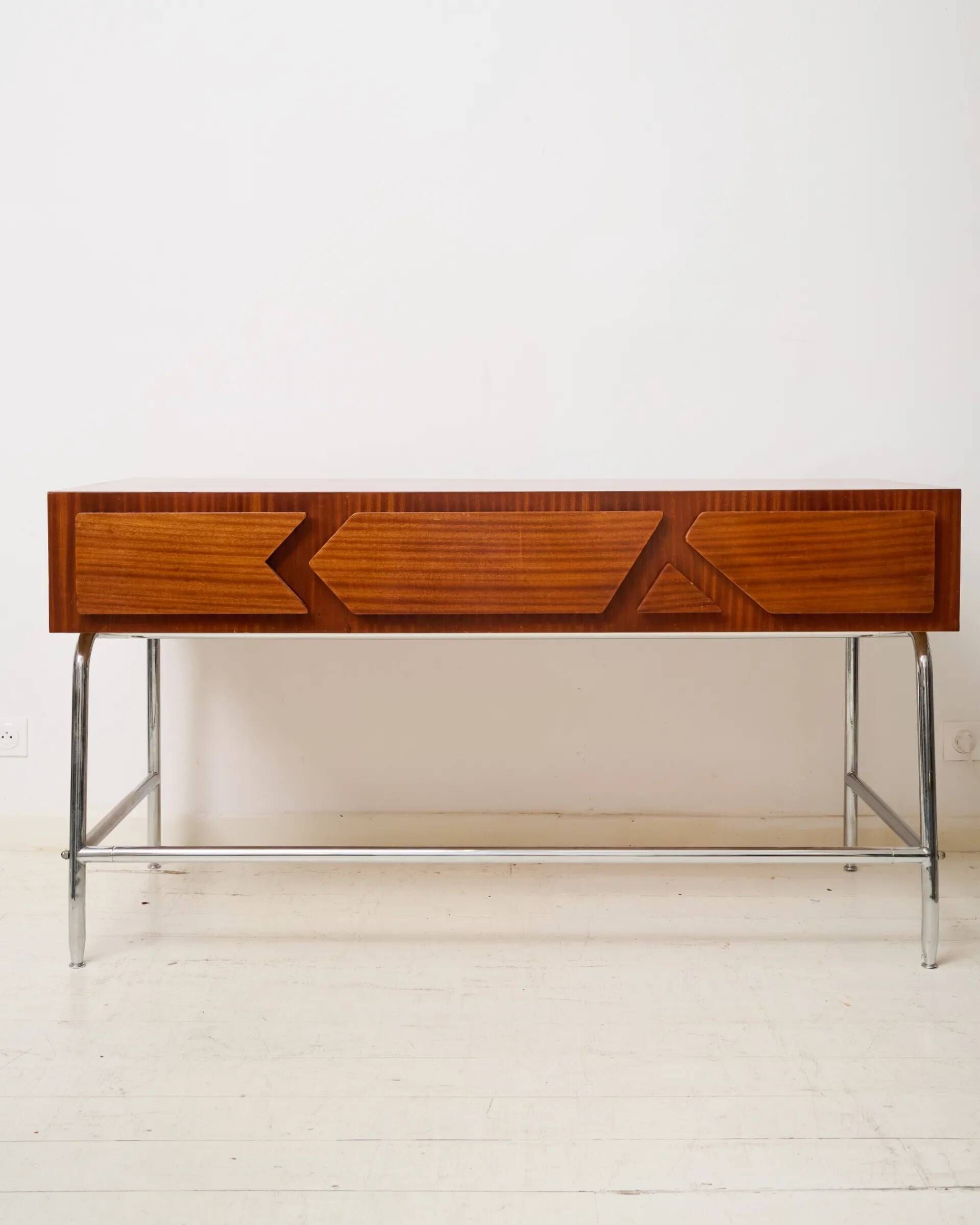 Mahogany and chrome metal desk, Italian manufacture, Italy, 1960s