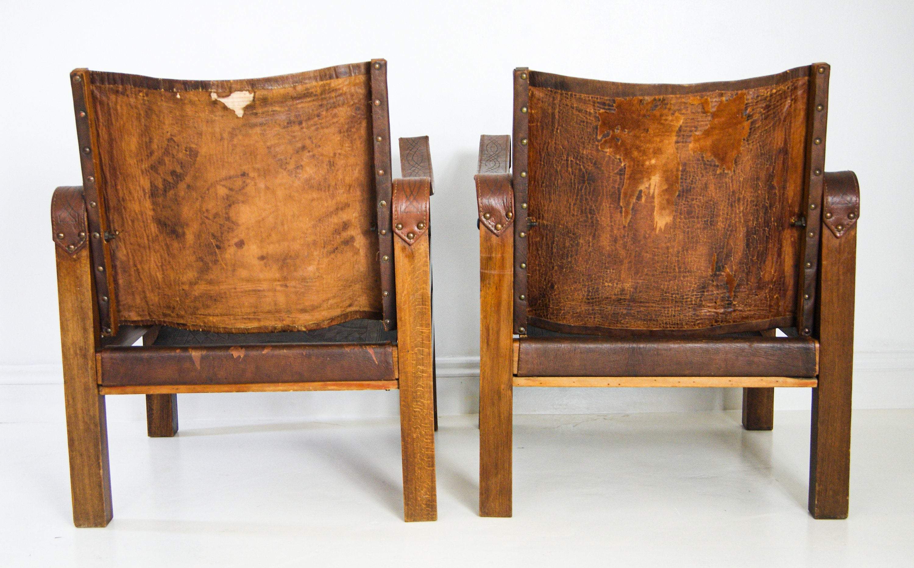 French Leather Safari Armchairs Mid-Century
