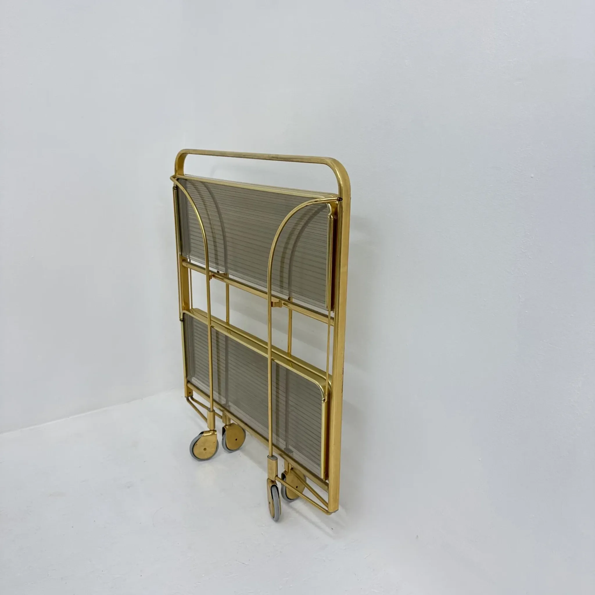 Mid-century modern folding bar cart in brass and ribbed acrylic glass, 1970s