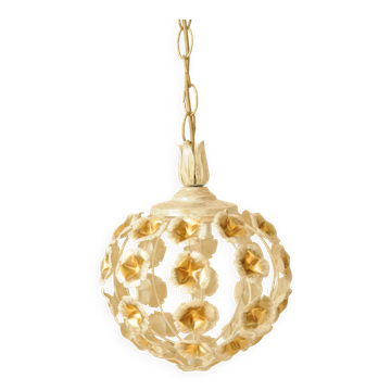 Lustre boule fleurs - suspension luminaire floral vintage métal doré