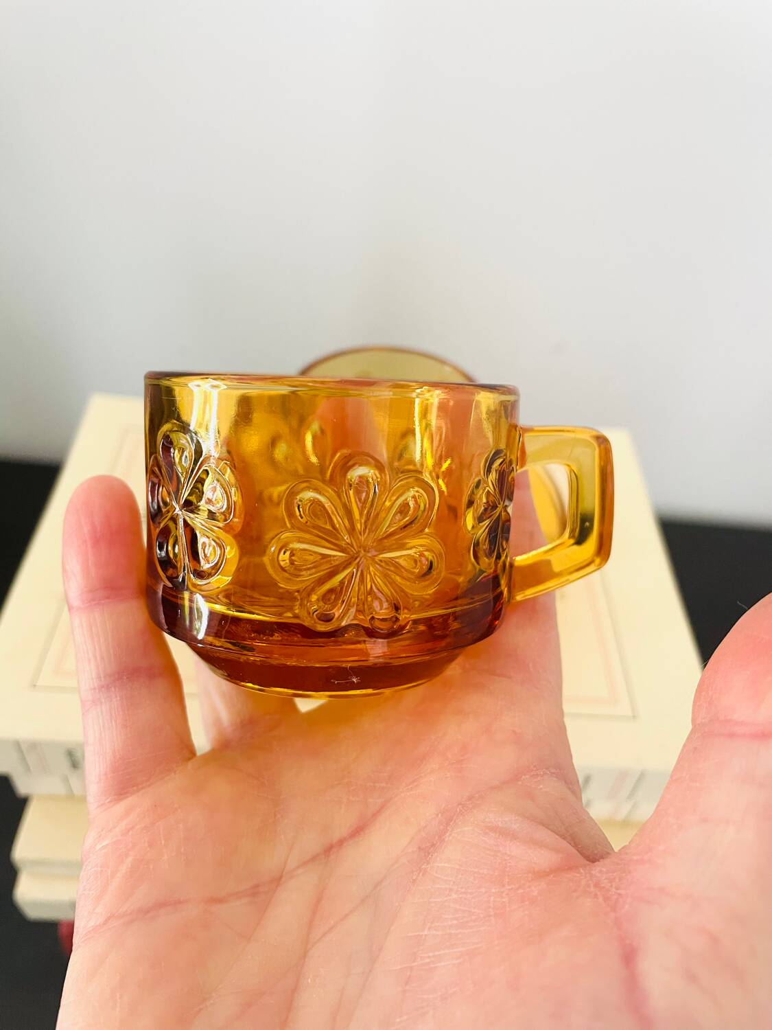 Set of two vintage cups and saucers 70s amber glass flowers