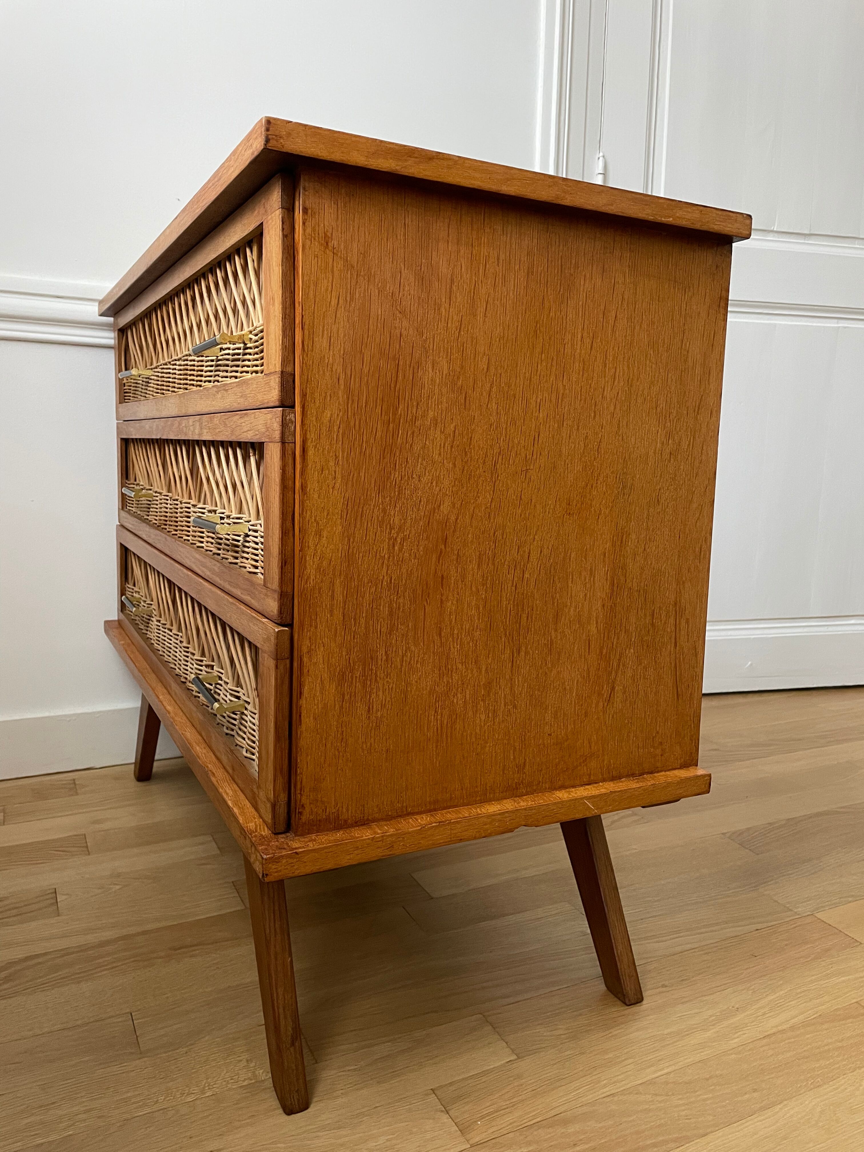 Commode rotin 3 tiroirs 1960