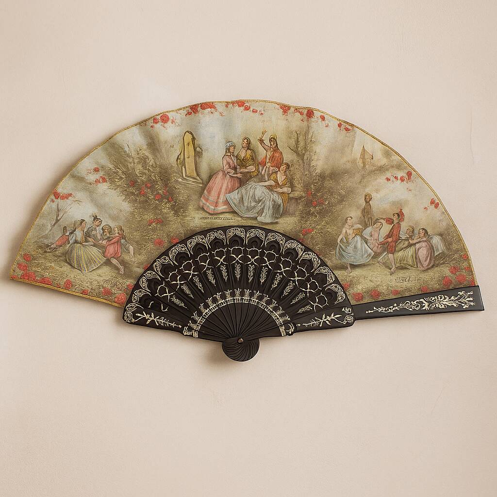 Vintage decorative fan signed JR Romano and J. Blay – Gallant Scenes