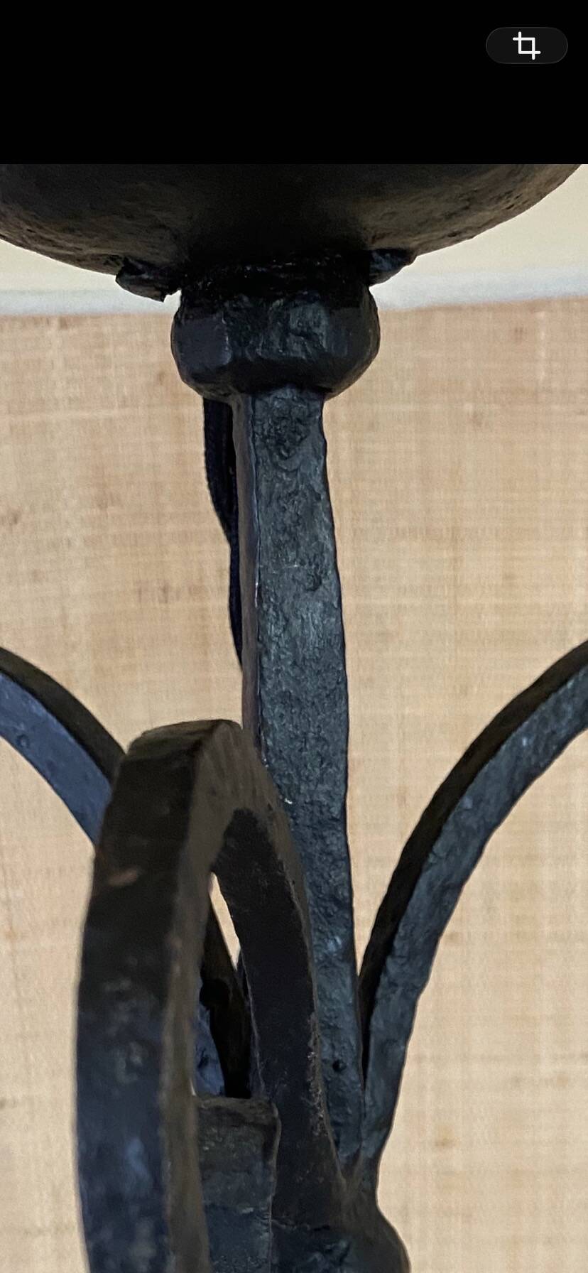 1970s wrought iron lamp, new 2m fabric cable, lampshade.