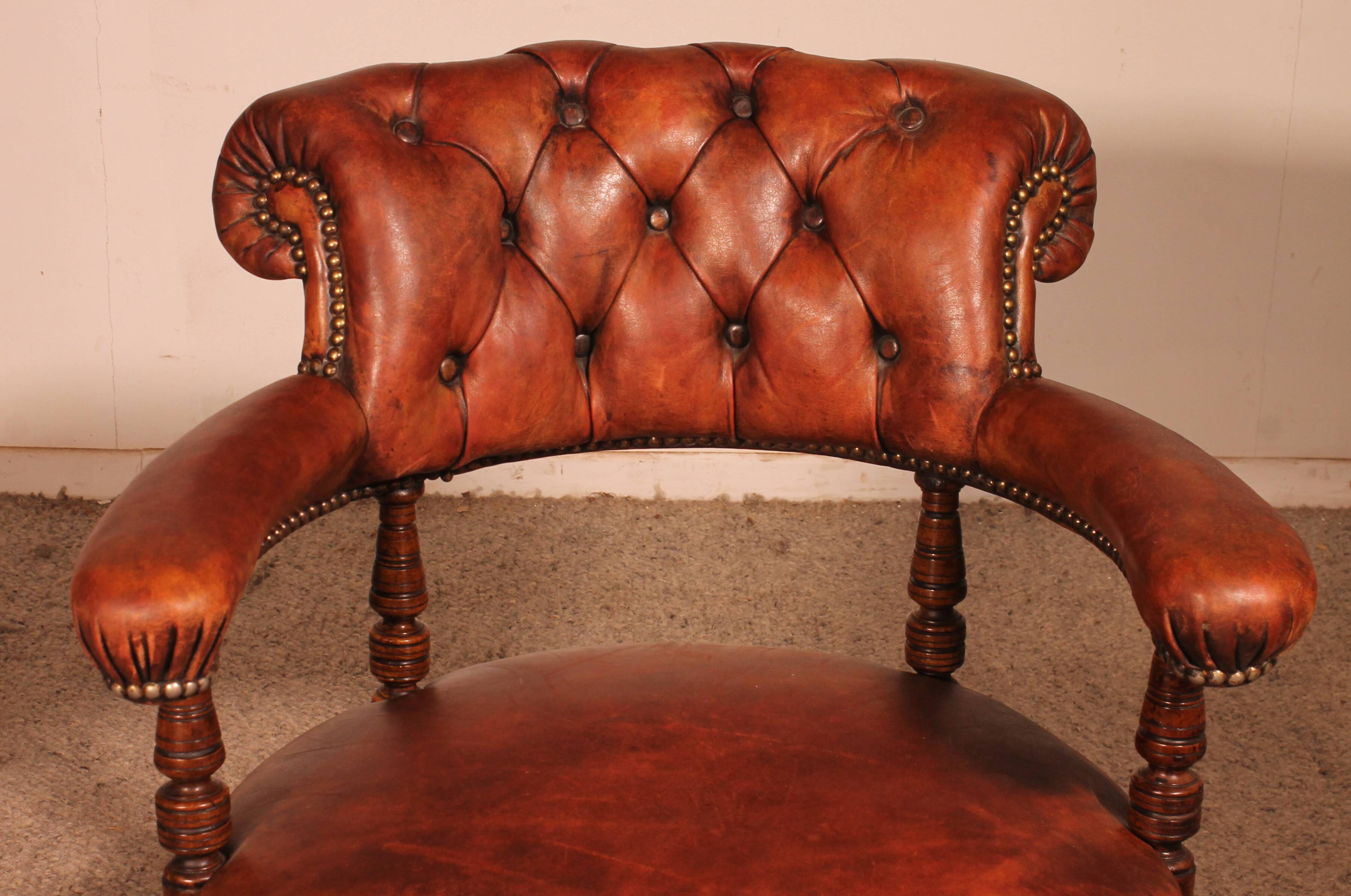 small shepherdess or armchair in mahogany and cognac leather - 19th century