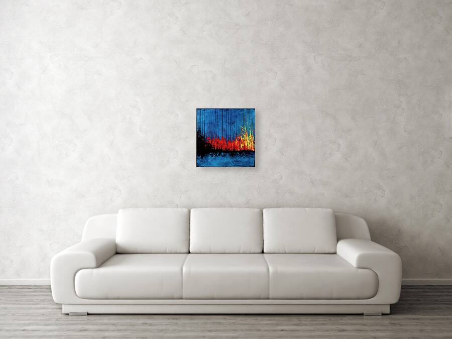 Contemporary abstract artwork in blue, red,black, yelow on stretched canvas