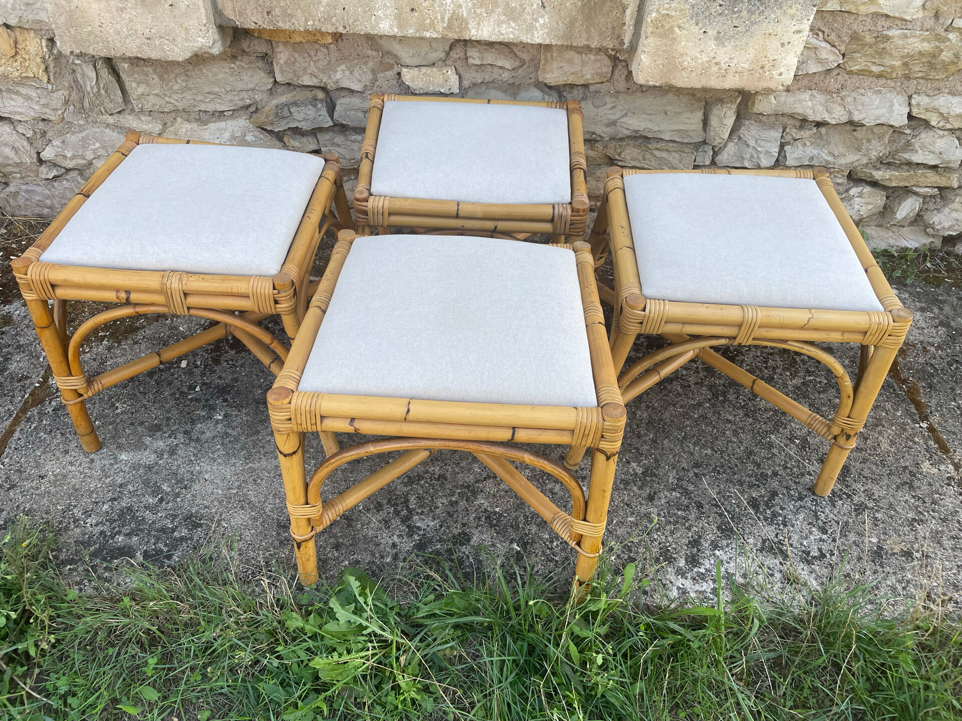 4 tabourets vintage bambou et rotin – années 60/70