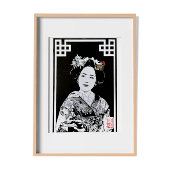 Japanese linocut of a maiko's smile: 100% handmade, signed and certified