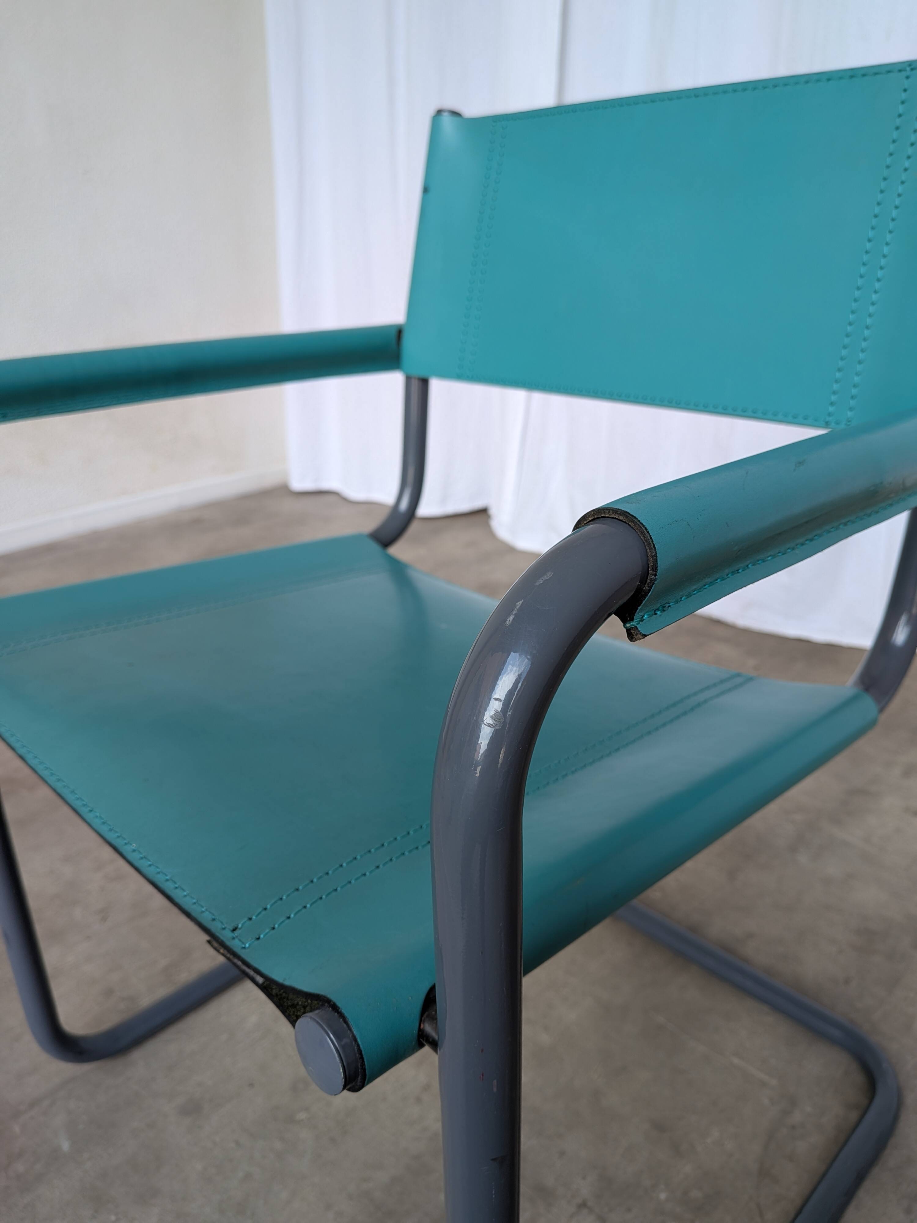 Vintage Mart Stam Style Armchair: Turquoise Leather, Black Chrome Cantileve