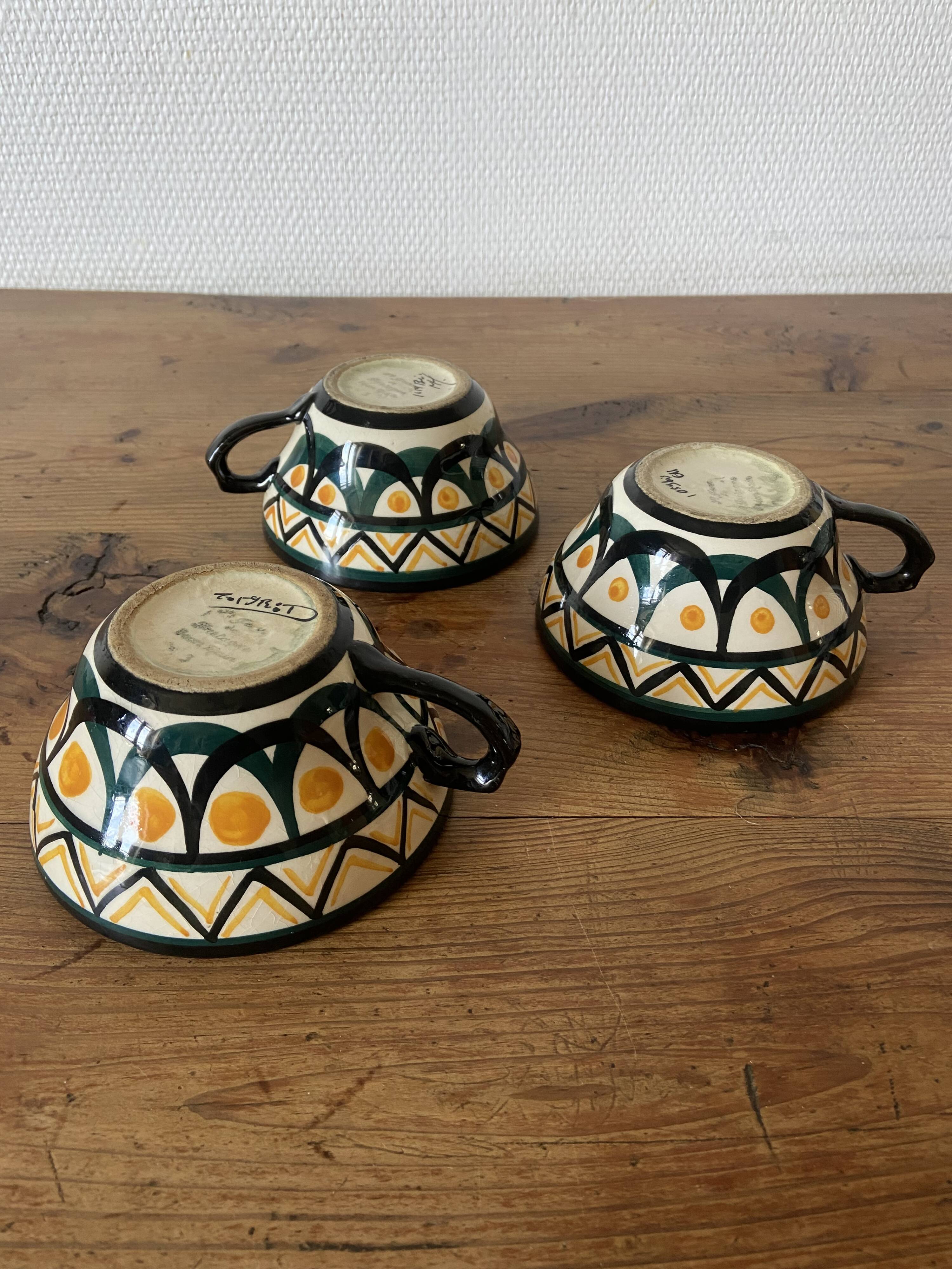 Set of 3 Breton earthenware cups & saucers
