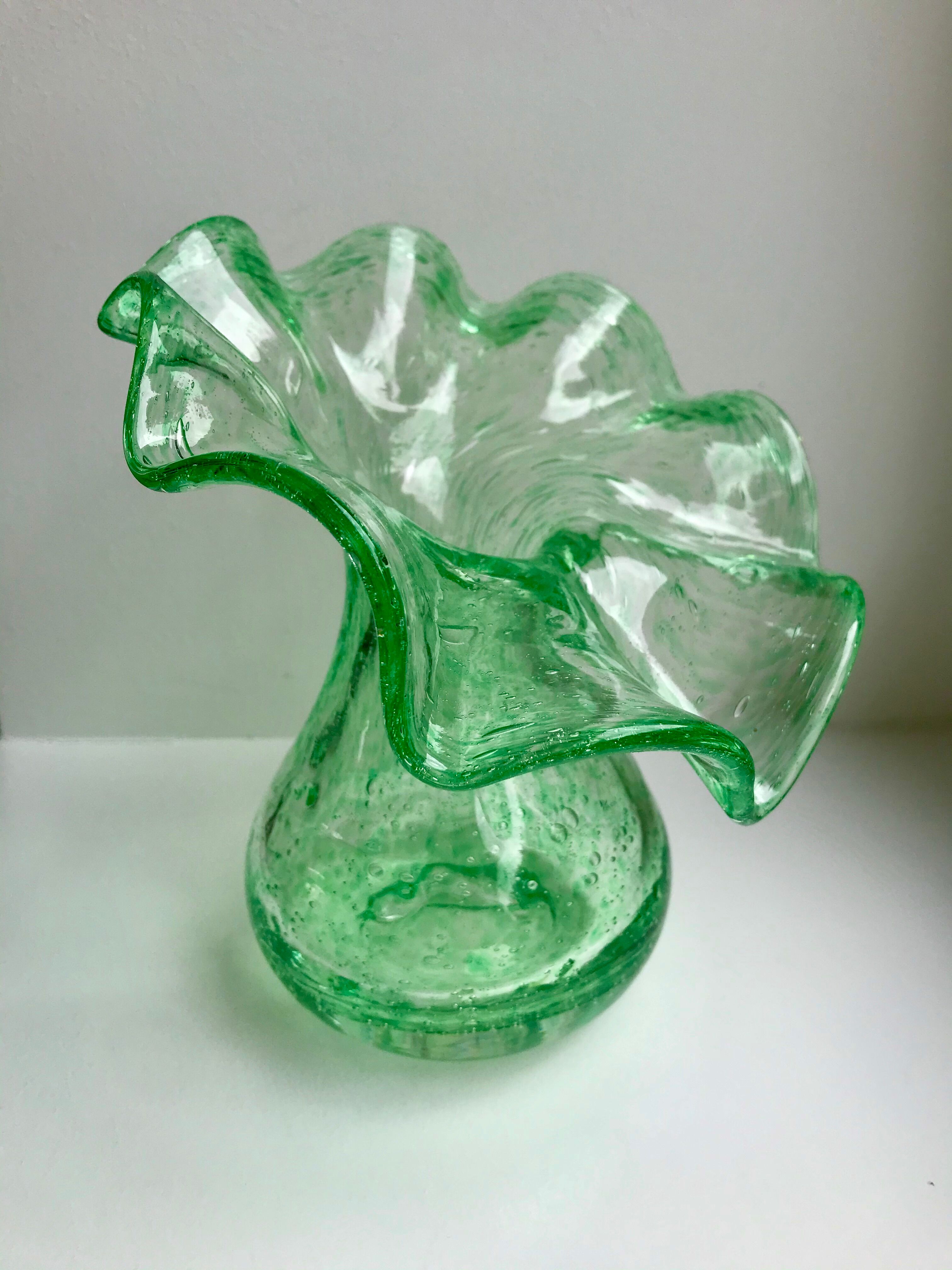 Biot bubbled glass corolla vase signed Riom vert years 60-70