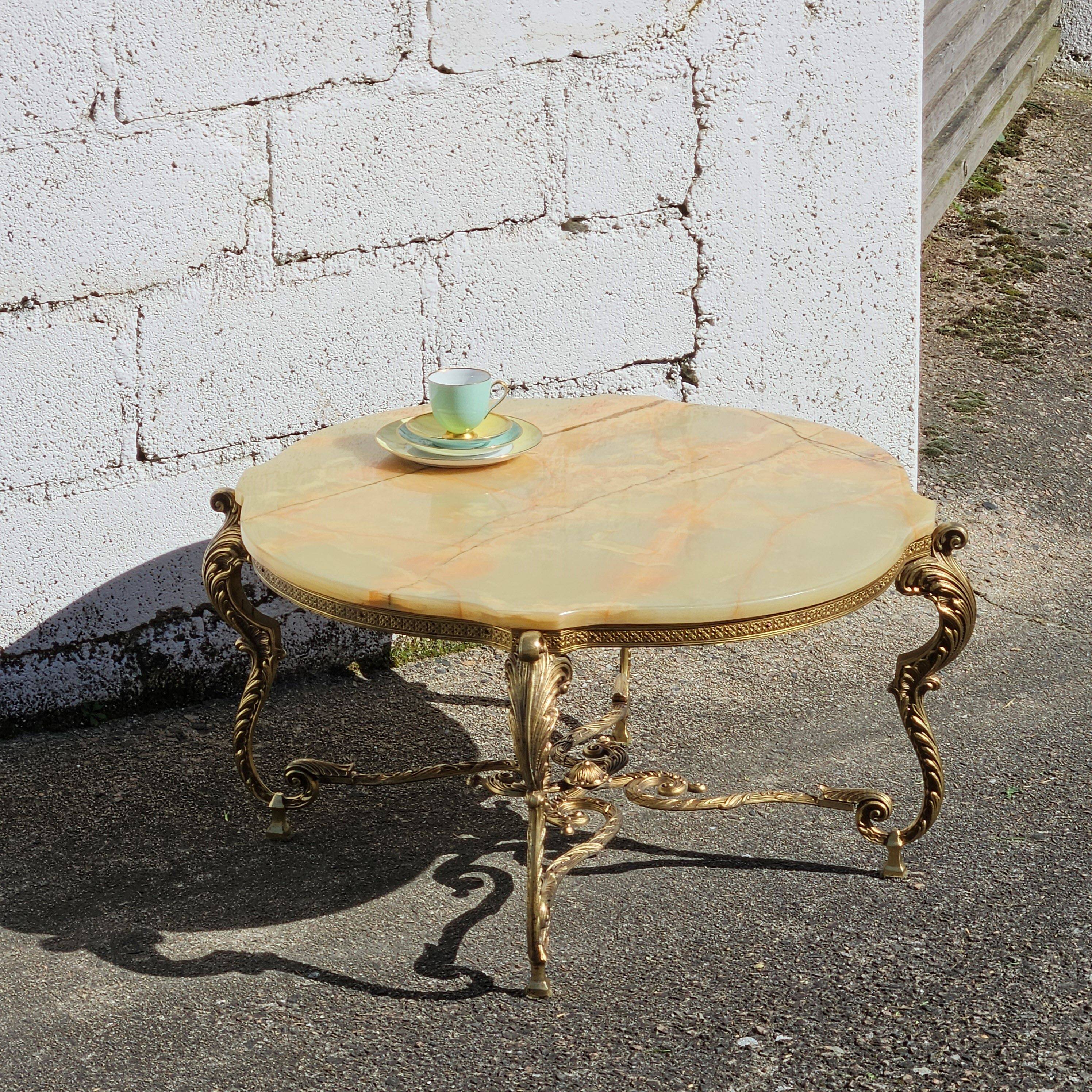 French Vintage Onyx Marble Bronze Coffee Table Style Louis XV 60s