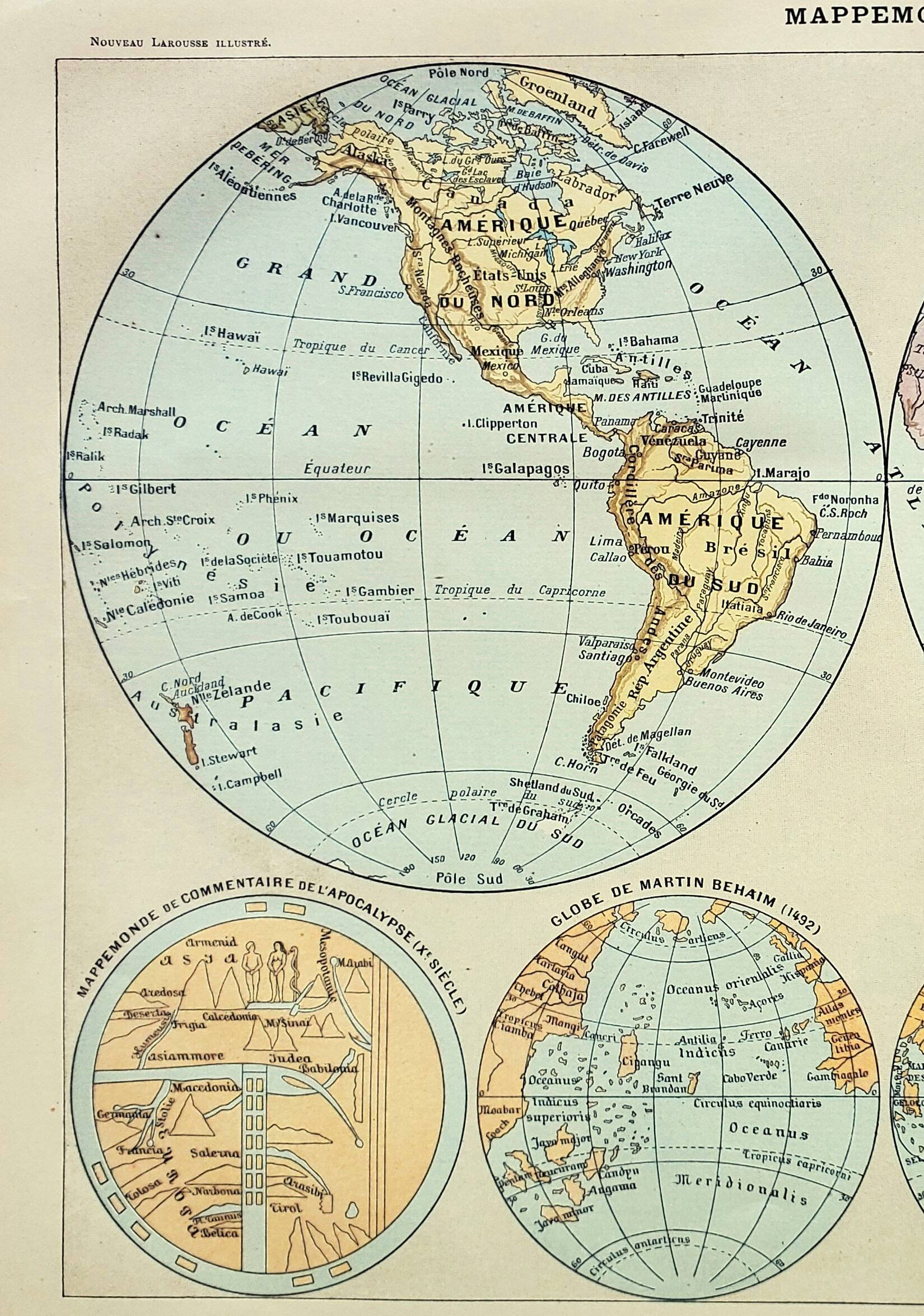 Antique engraving 1898, World map, map, globe, plane • Lithograph, original illustration