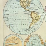 Antique engraving 1898, World map, map, globe, plane • Lithograph, original illustration