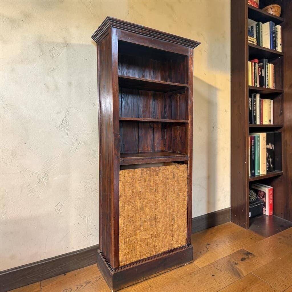 Vintage wooden library with storage chest/basket.