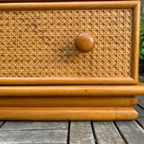 Chest of drawers and bedside table in rattan cane and oak, vintage 1970s
