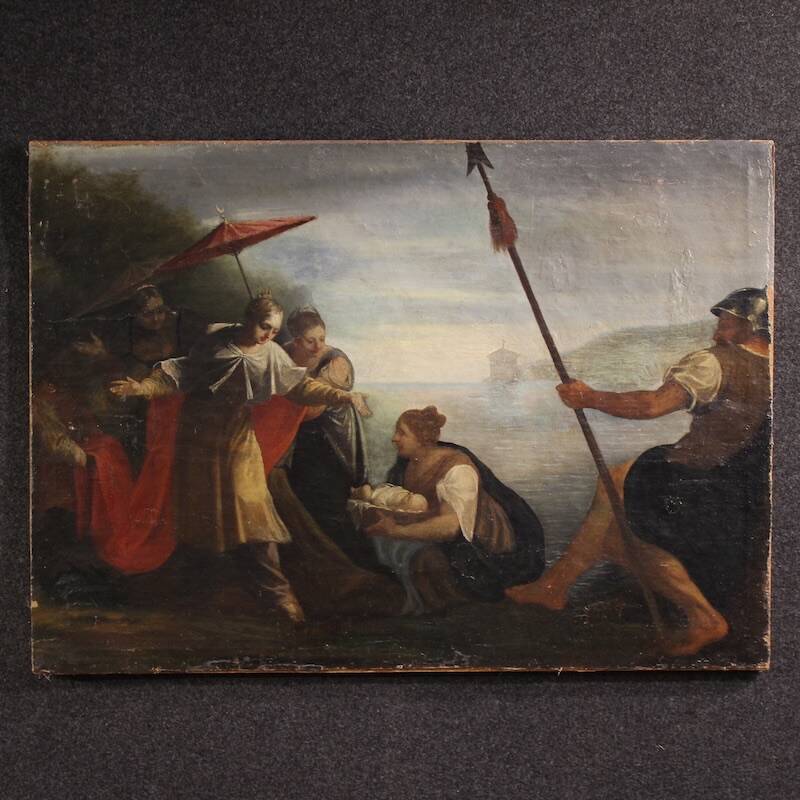 Antique Italian painting Moses saved from the waters from the 18th century