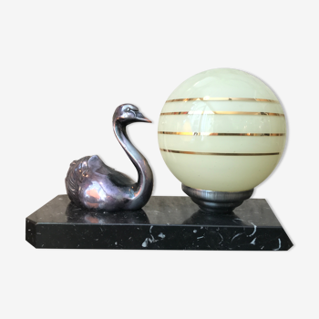 Art deco marble night light lamp with swan and opaline yellow ball 1930 made in vintage france