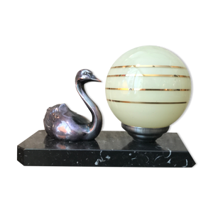 Lampe veilleuse art déco en marbre avec cygne et opaline boule jaune 1930 made in france vintage