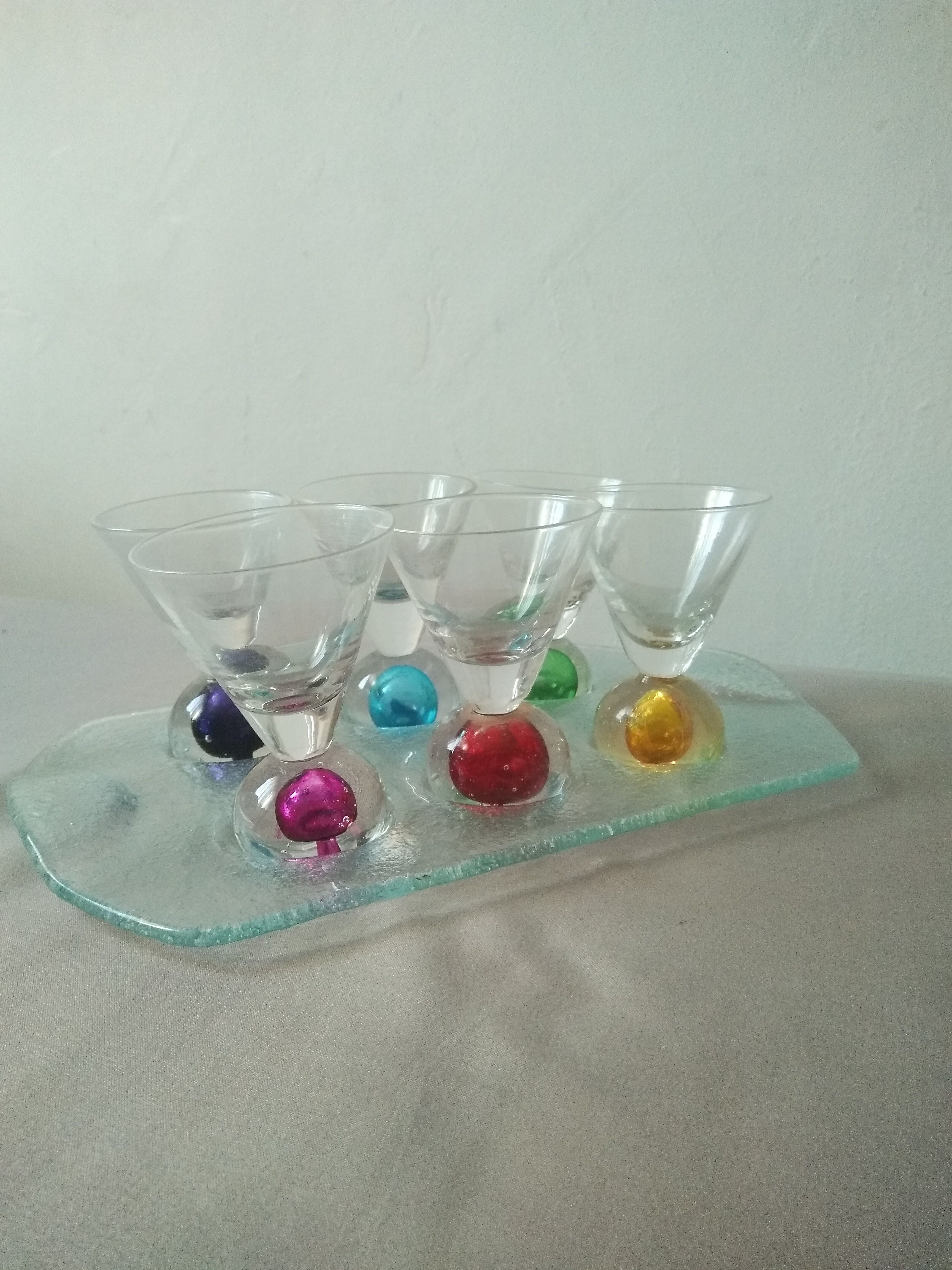 Box 6 liqueur glasses, colored ball base + serving tray, new