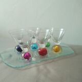 Box 6 liqueur glasses, colored ball base + serving tray, new