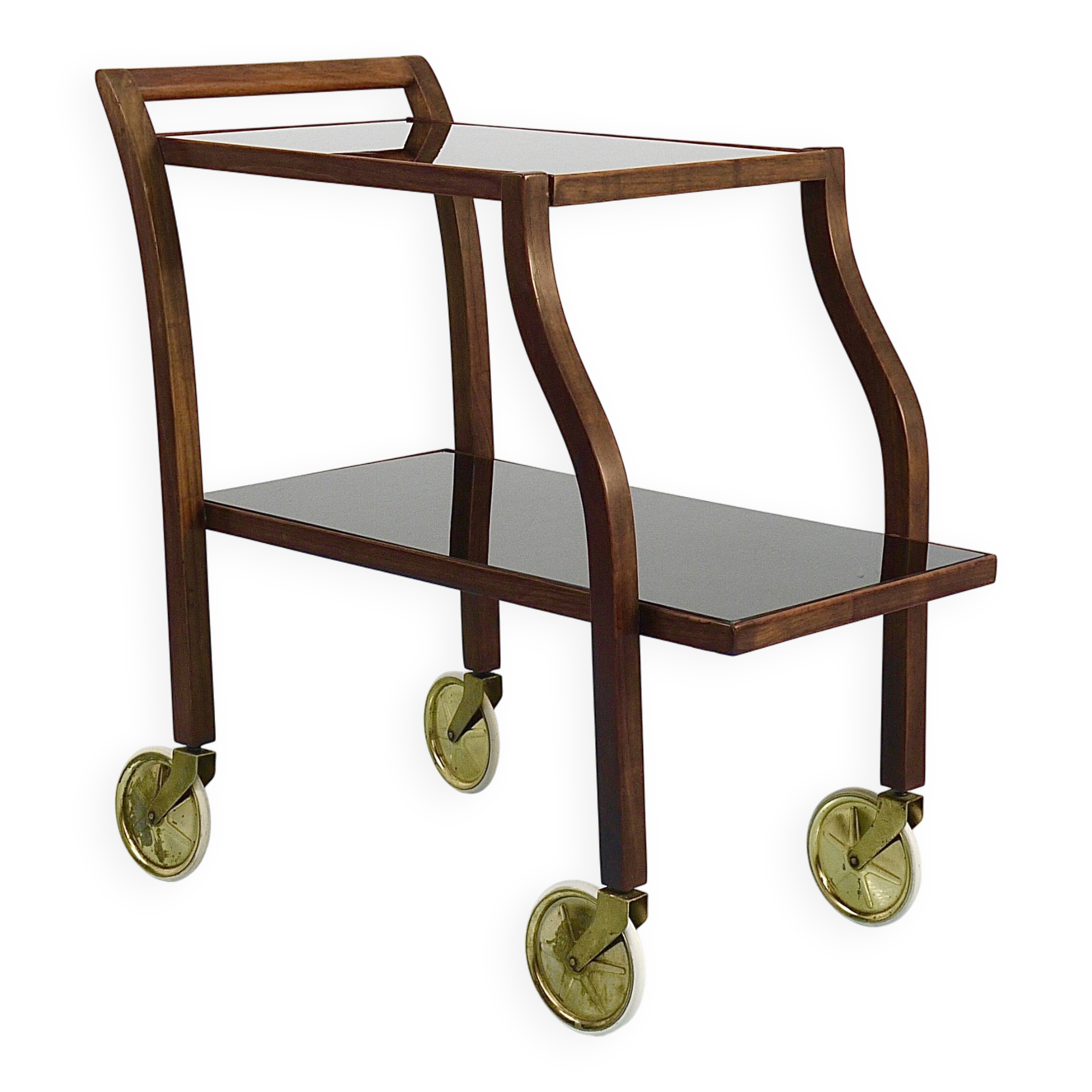 Oswald Haerdtl Curved Walnut & Glass Bar Cart, Serving Trolley, 1950s