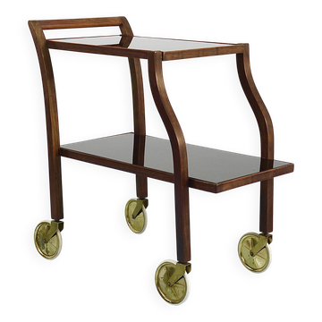 Chariot de bar courbé en noyer et verre Oswald Haerdtl, chariot de service, années 1950