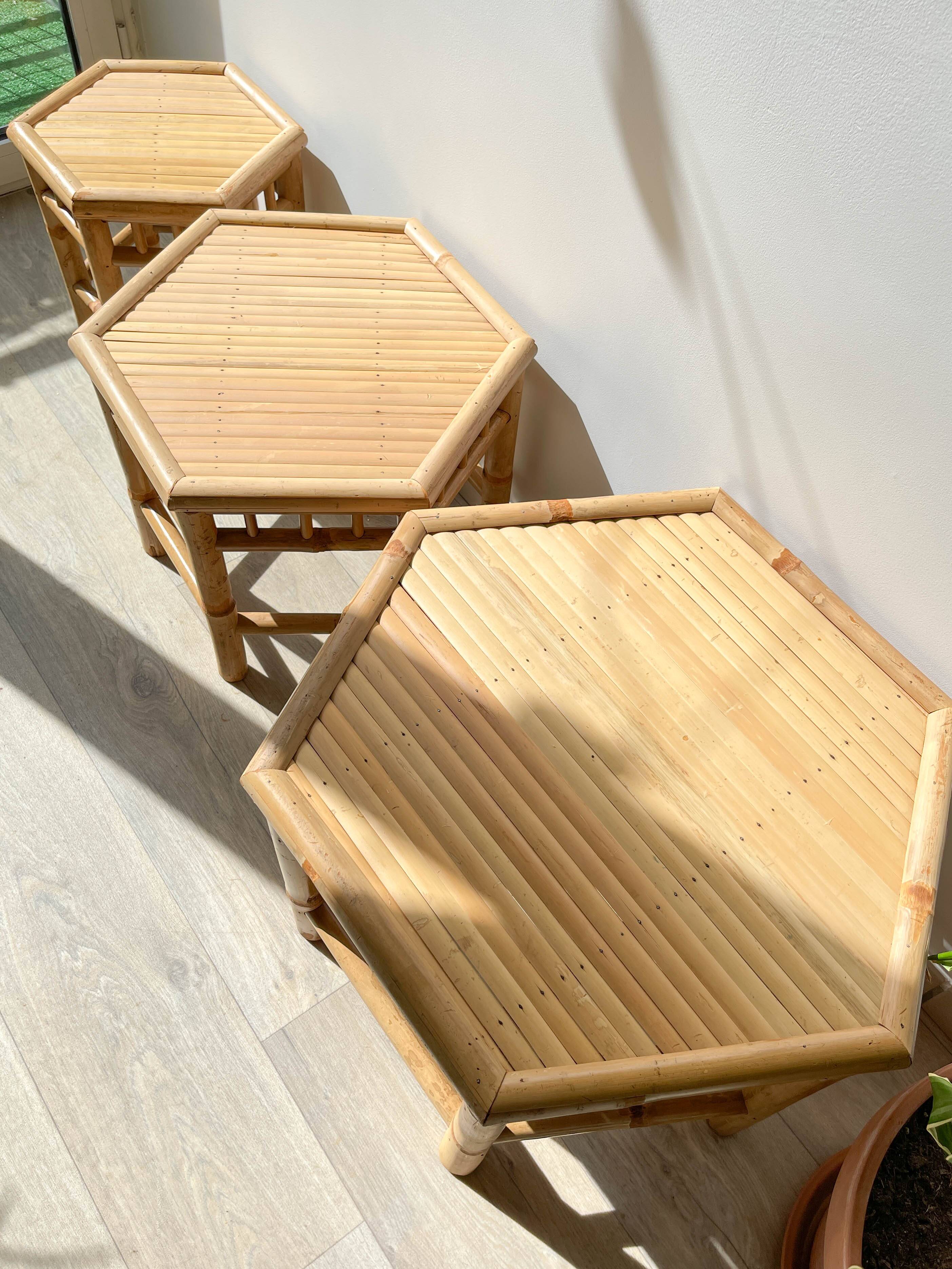 3 Vintage Bamboo Hexagonal Nesting Coffee Tables, 1970s