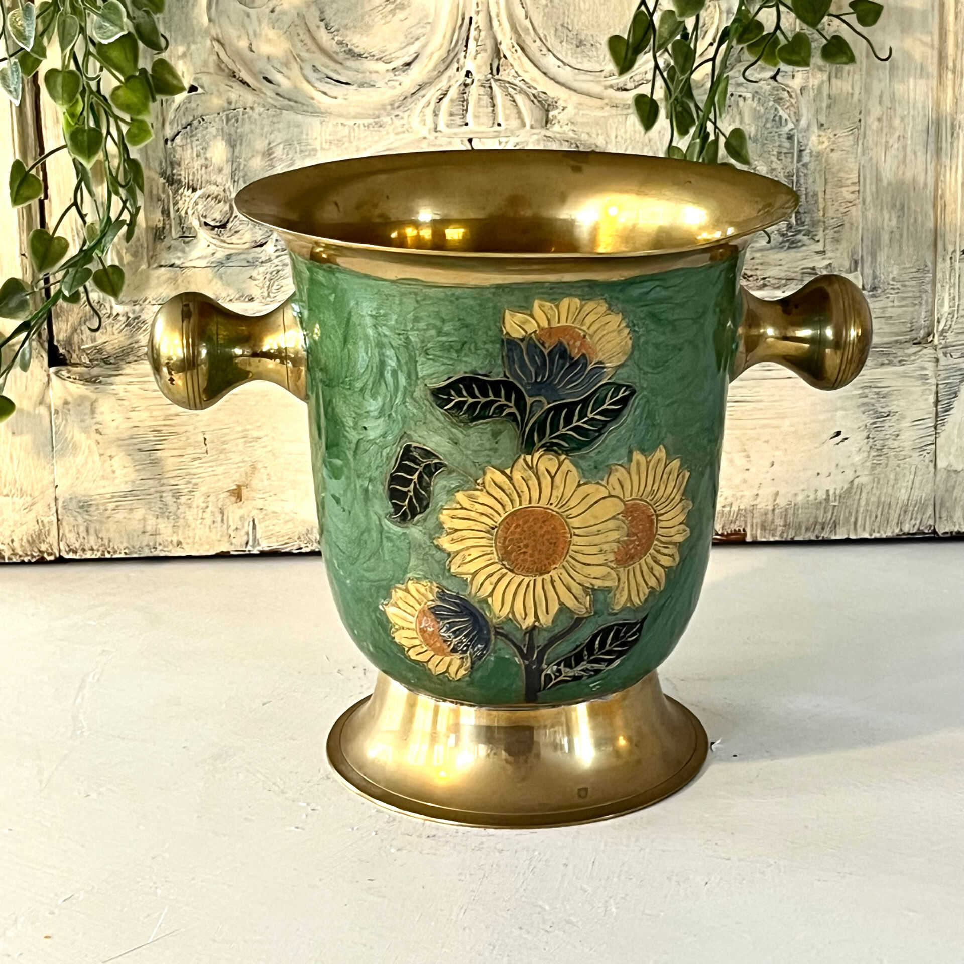 Vintage brass and green enamel cloisonné champagne cooler with sunflow