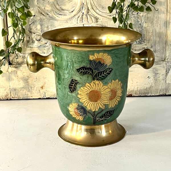 Refroidisseur à champagne vintage en laiton et émail vert cloisonné avec tournesol