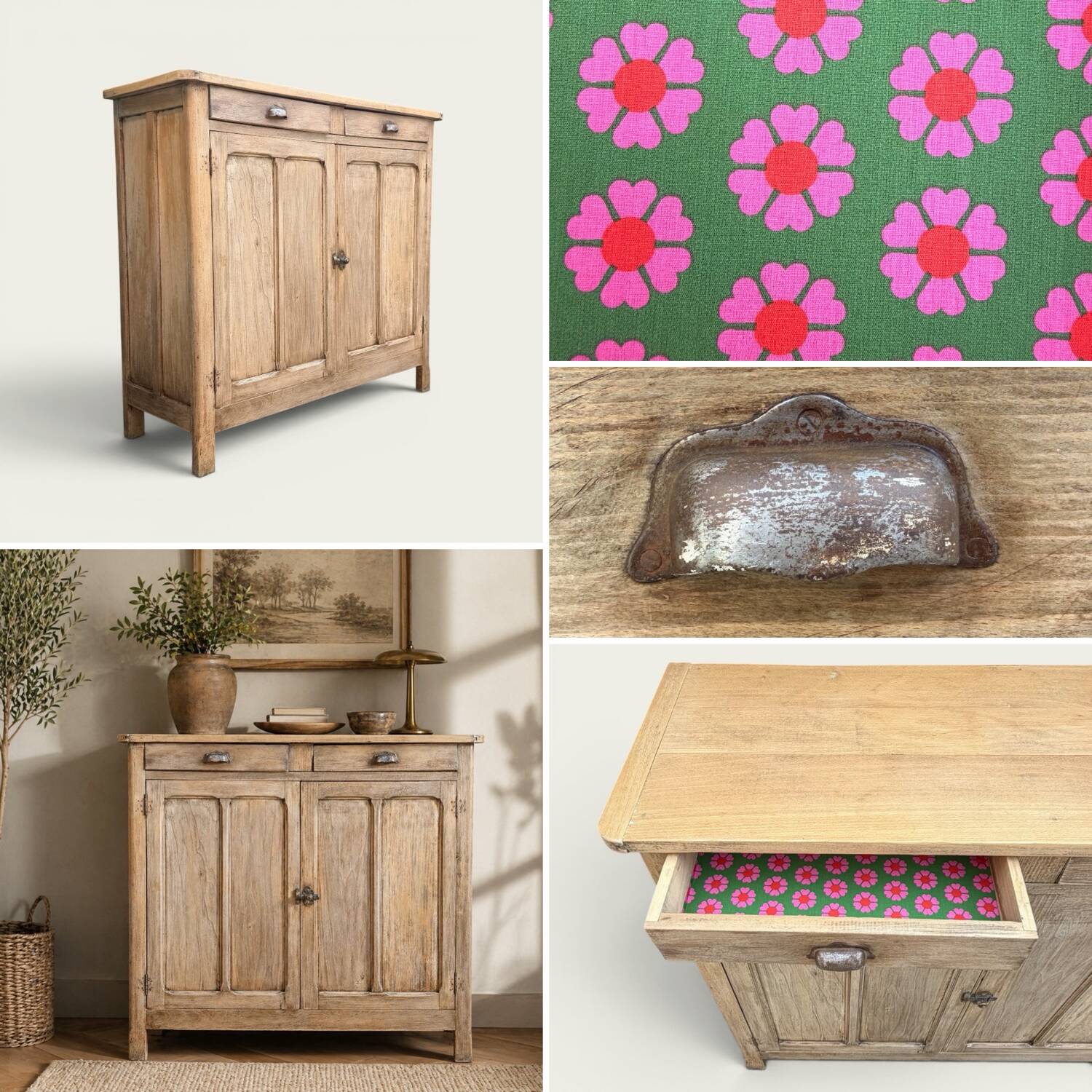 Antique patinated Parisian buffet with shell handles.