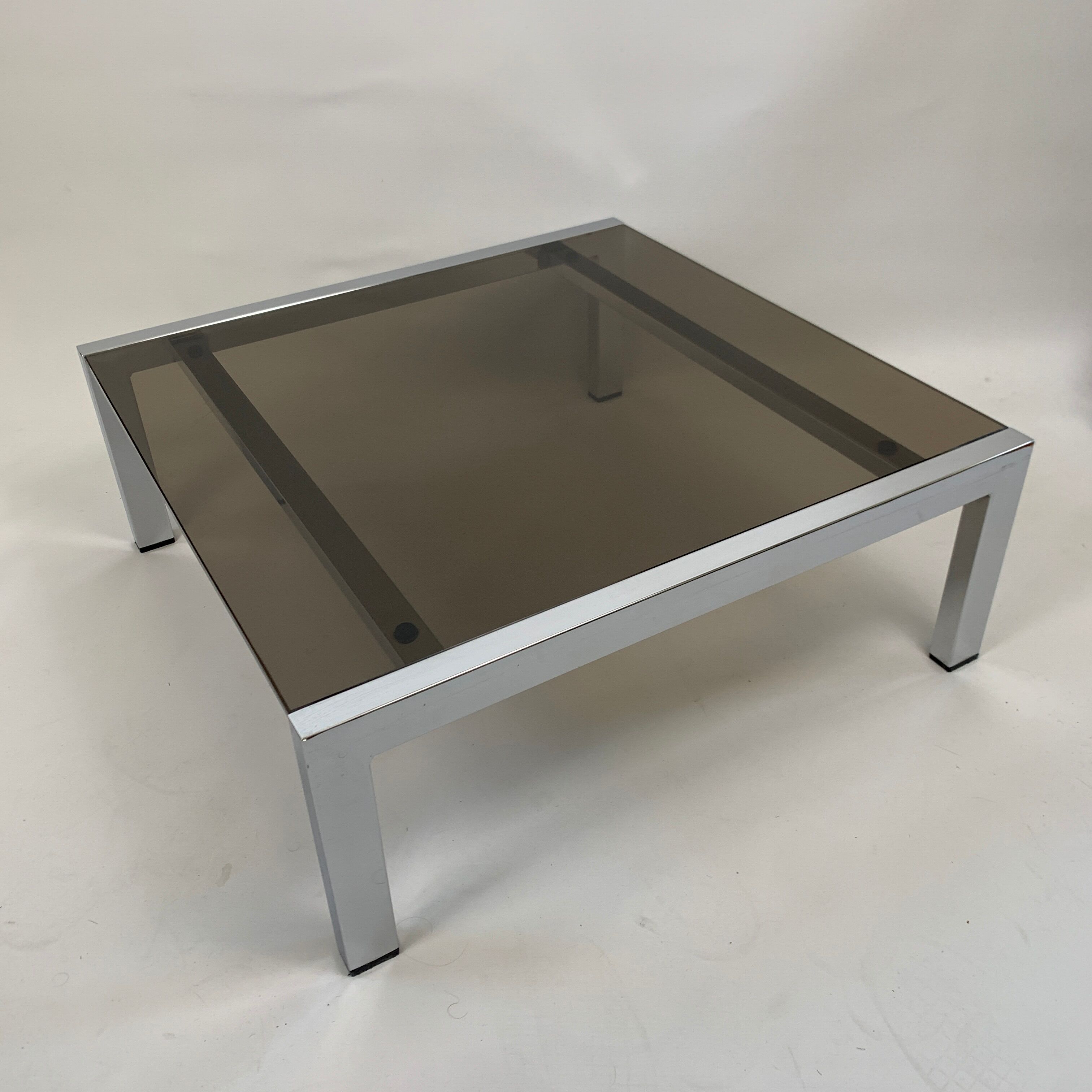 Vintage square coffee table chrome structure and smoked glass top