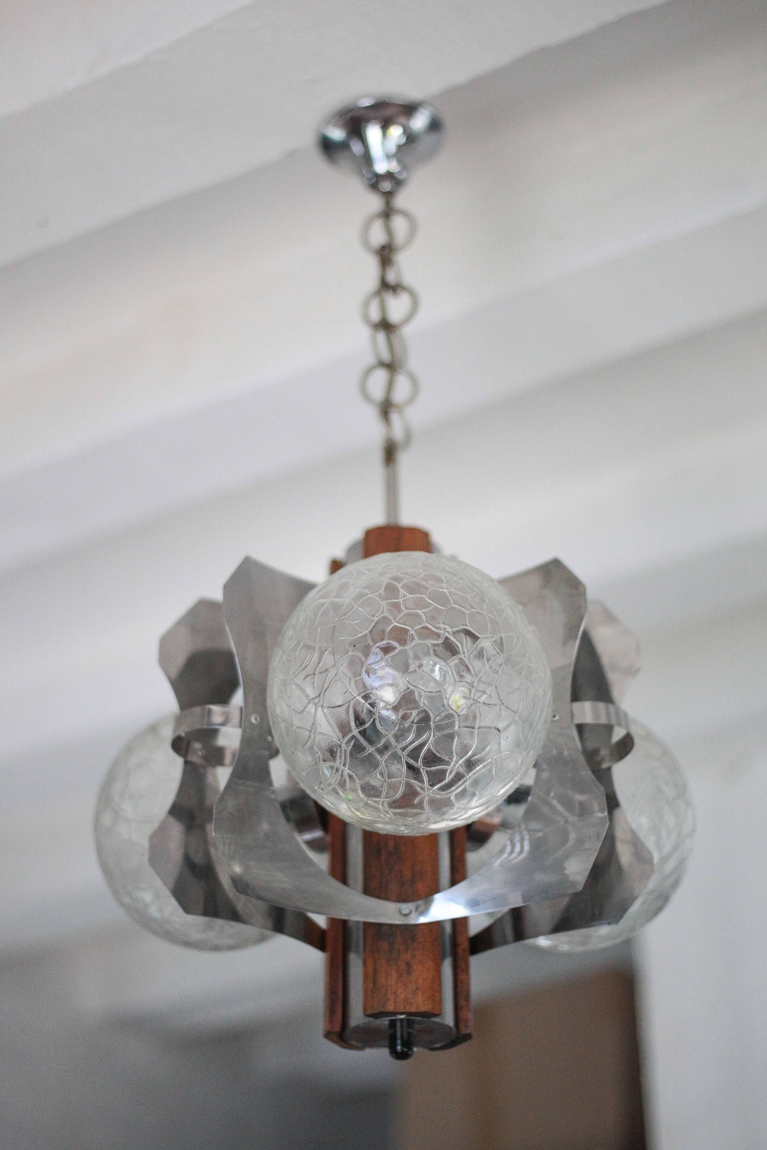 Space Age metal and wood pendant light, 3-globe chandelier, Sputnik chandelier, lamp
