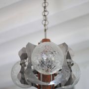 Space Age metal and wood pendant light, 3-globe chandelier, Sputnik chandelier, lamp