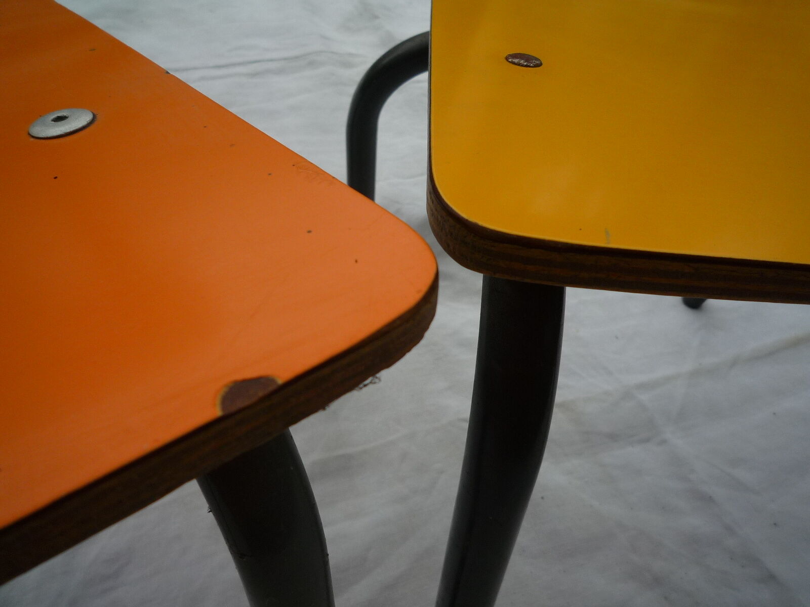 Pair of small yellow and orange child chair, vintage 80s