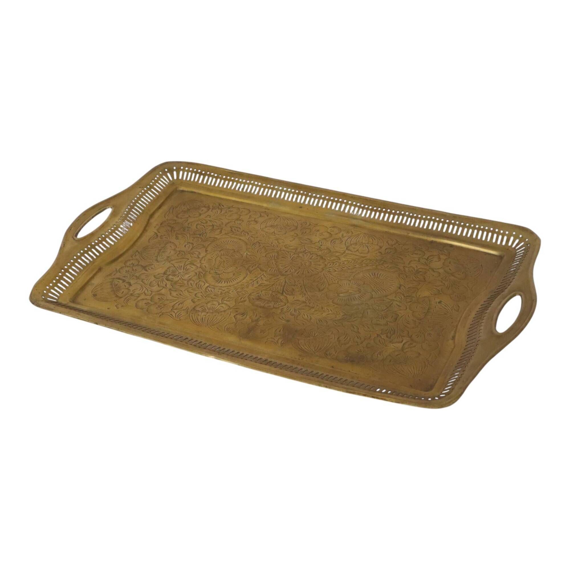 Vintage Oriental Brass Tray with Floral Decoration, 50 cm