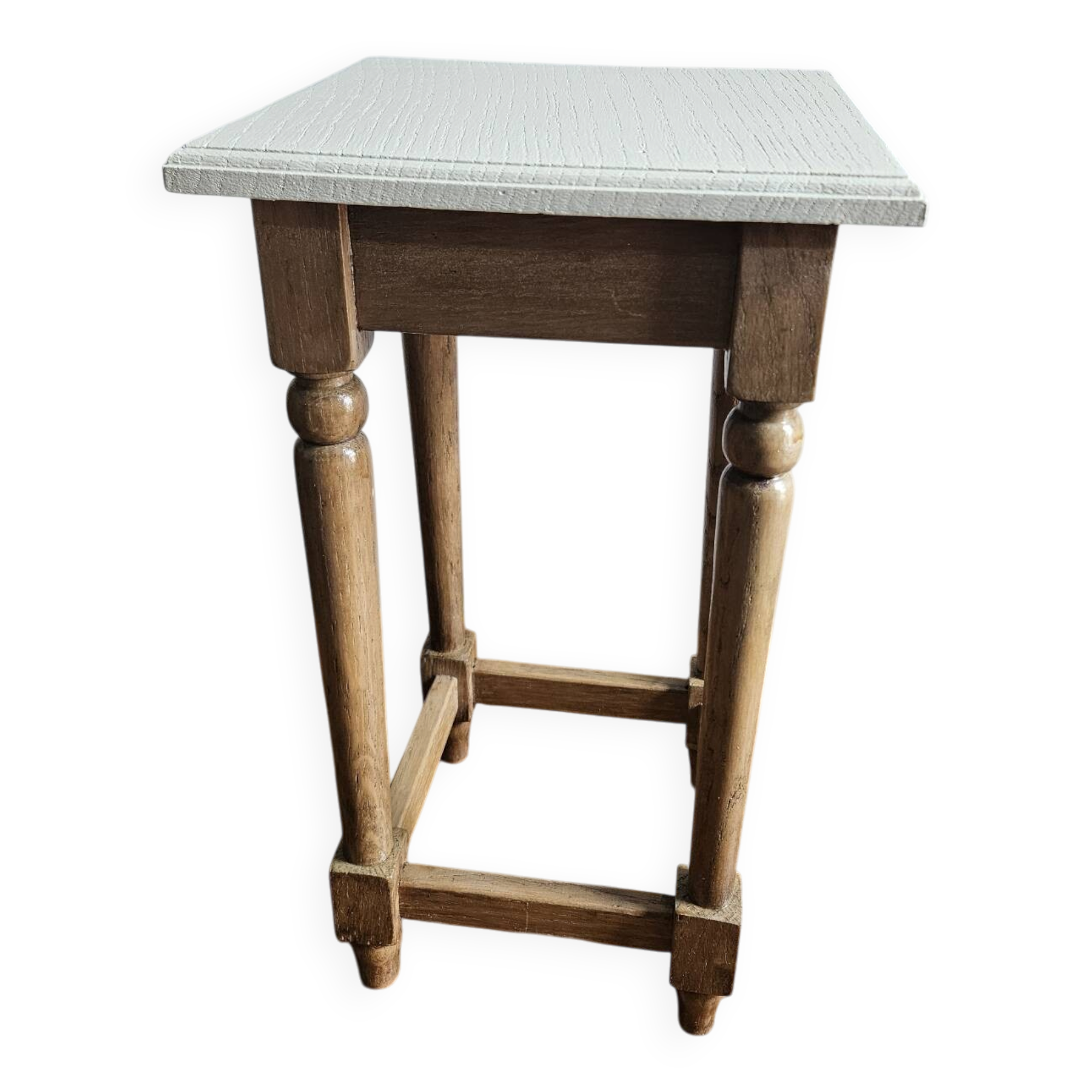 Tabouret ancien en bois brut et blanc cassé
