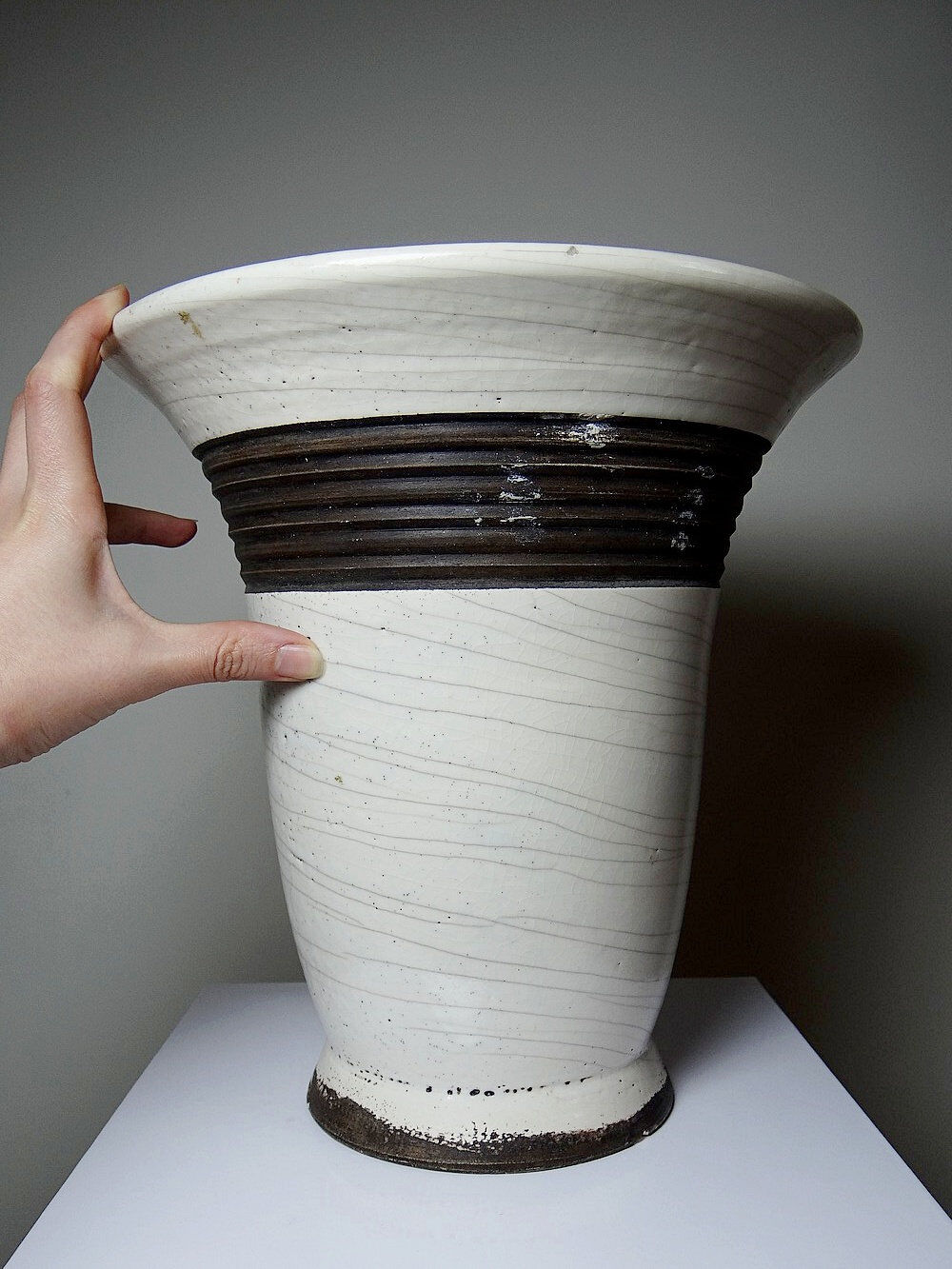 Large modern Raku lamp in beige and brown by Keramos Sèvres - René Hénon
