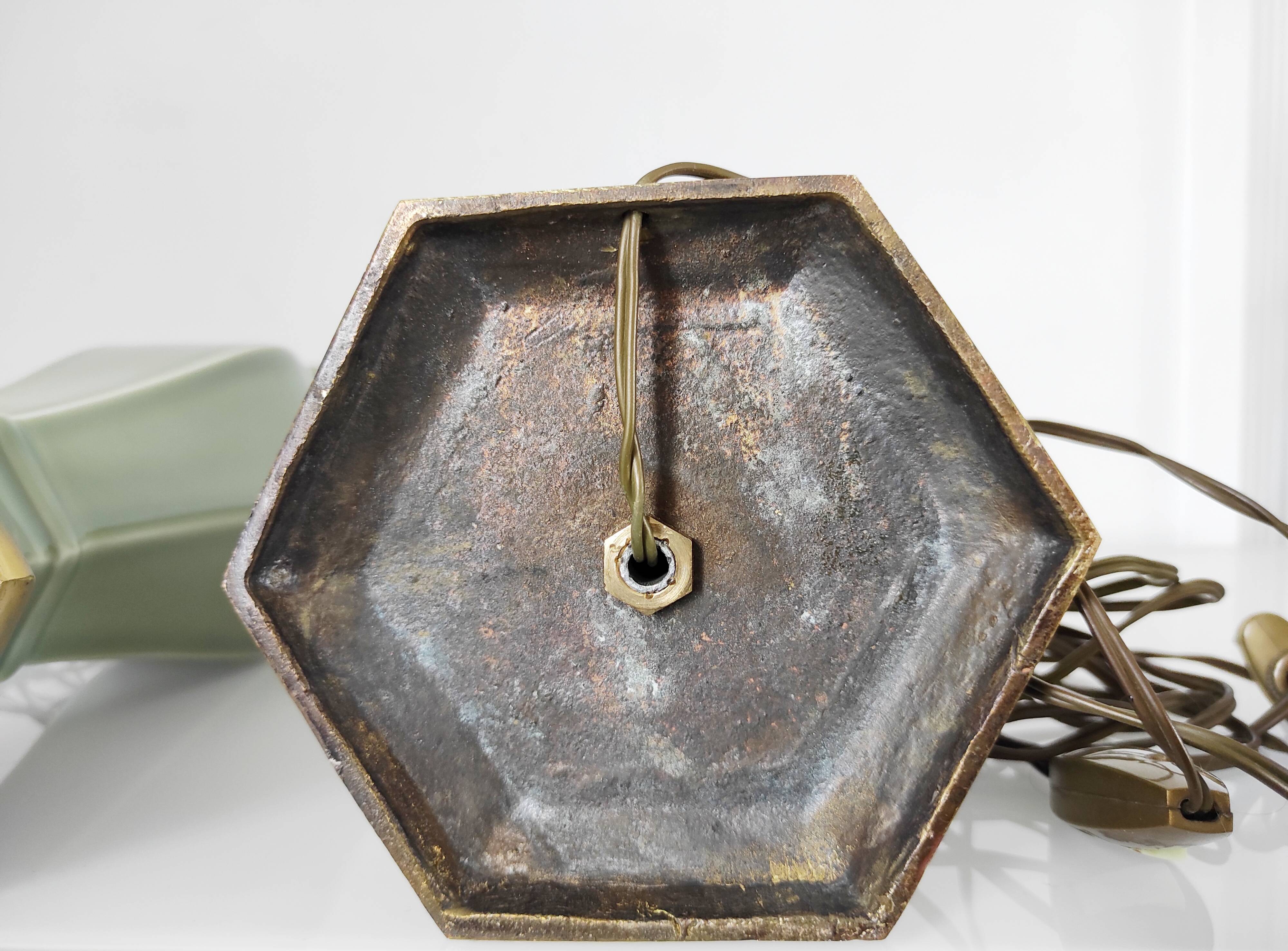 Two celadon-colored ceramic lamp bases