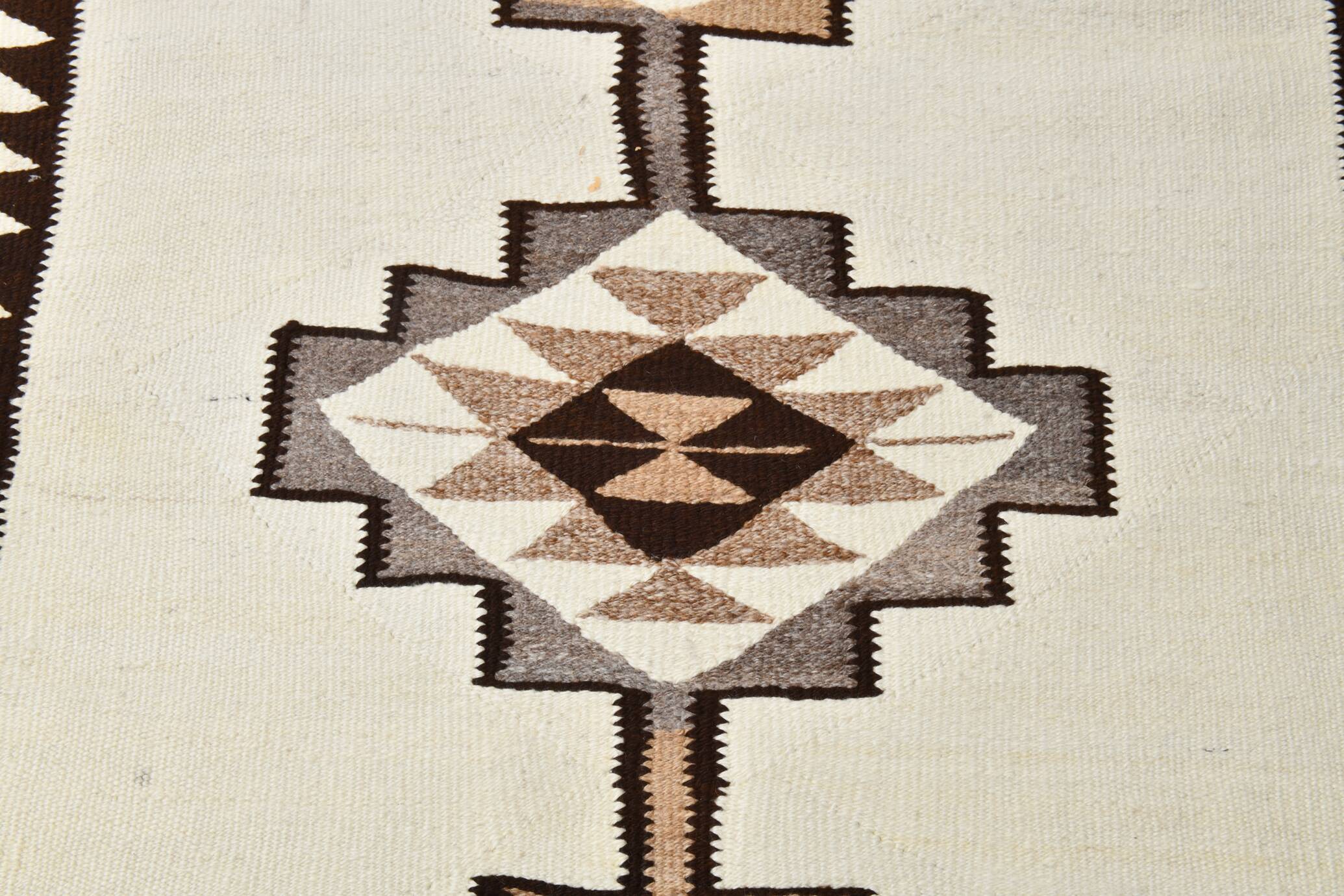 Tapis runner kilim vintage beige marron, motifs géométriques 388x101cm