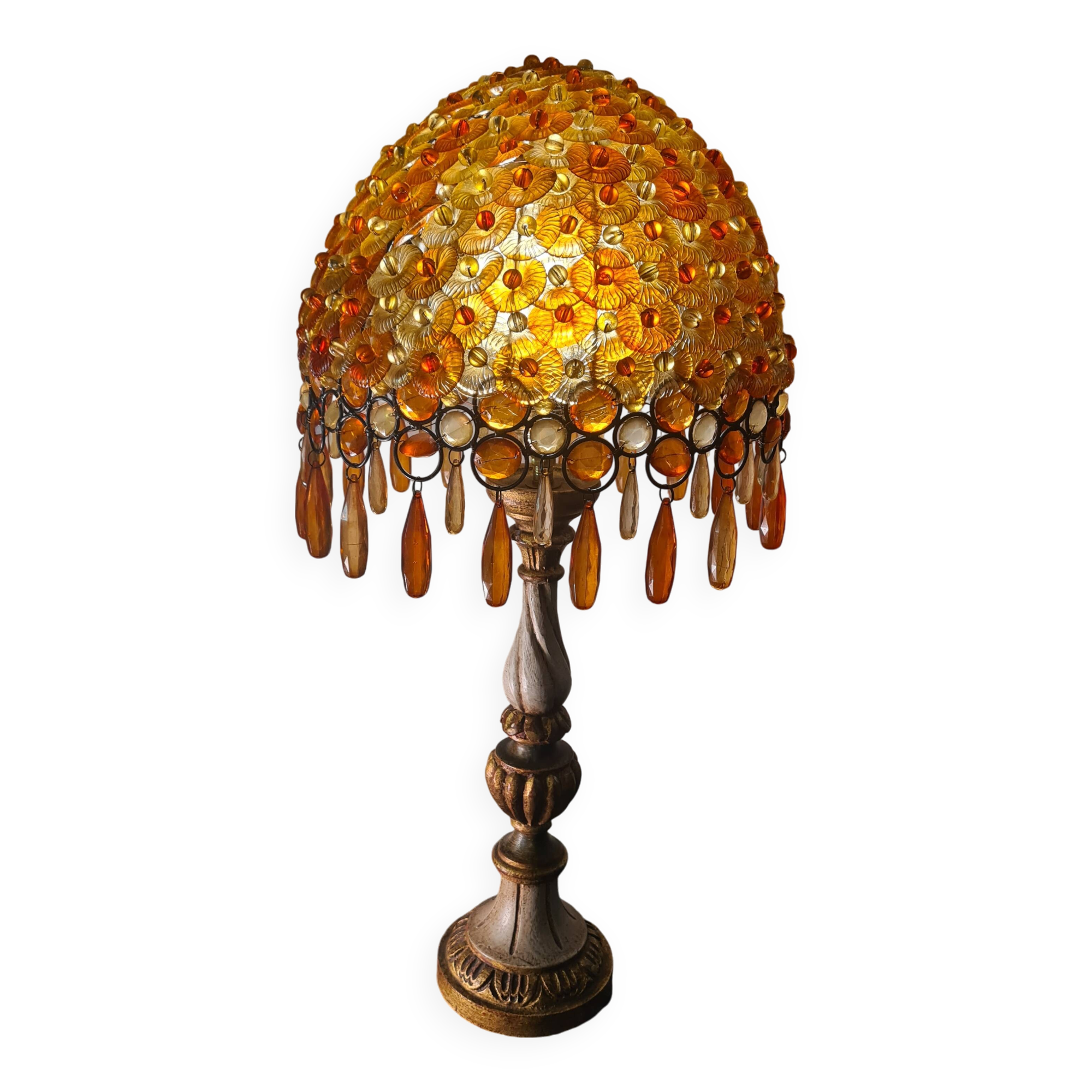 1970 lamp, patinated painted wood, and amber acrylic lampshade 70x28 elec ok;