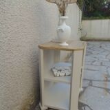 Beige vintage side tables, wooden tops.