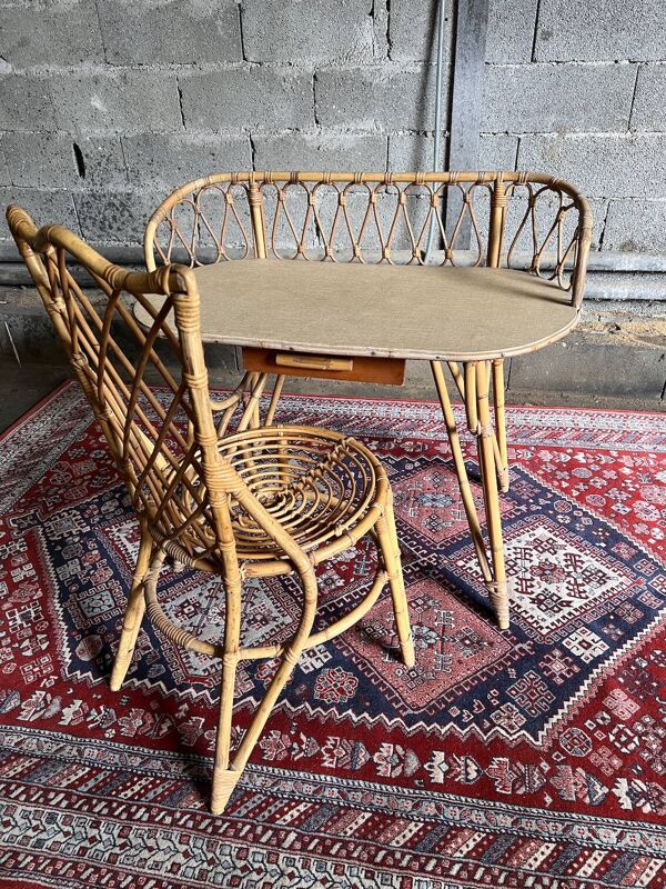 Coiffeuse et chaise vintages en rotin Louis Sognot - 1960
