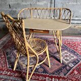 Vintage Louis Sognot rattan dressing table and chair - 1960s